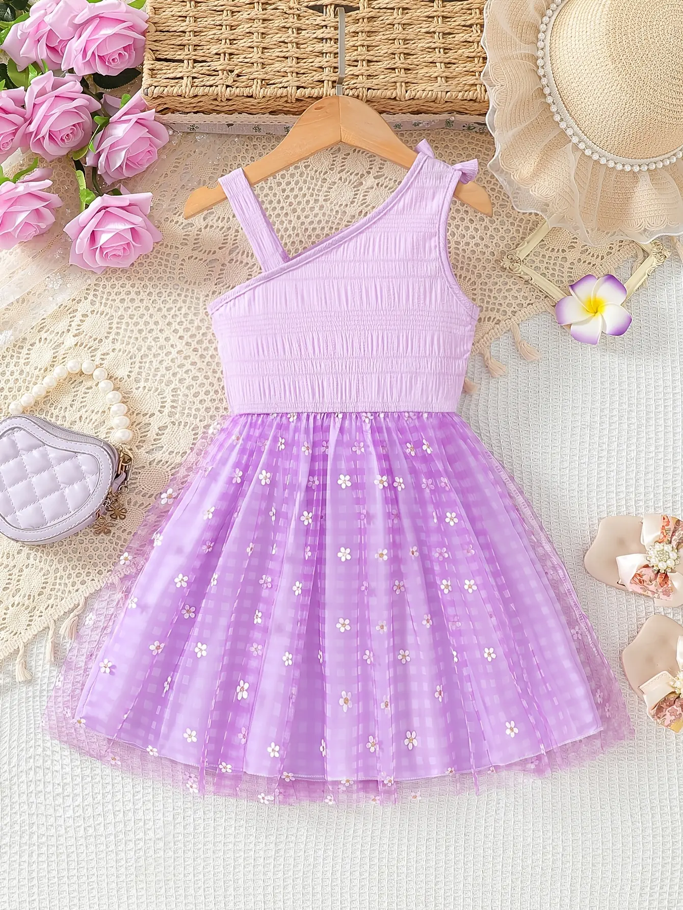 Detail 8 of Girls One-Shoulder Plaid Floral Dress by LUNORIANA