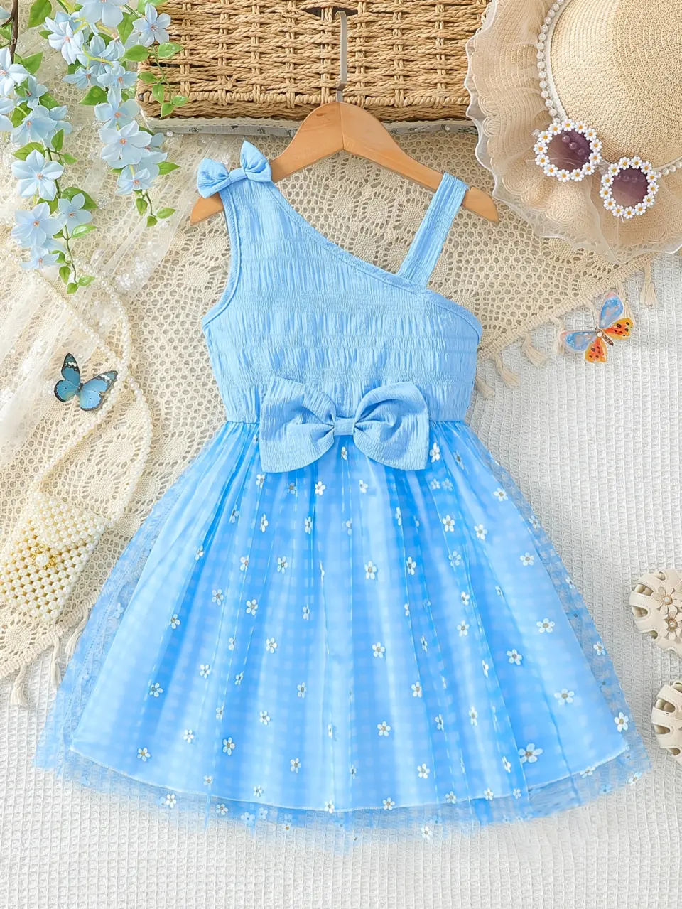 Girls One-Shoulder Plaid Floral Dress by LUNORIANA
