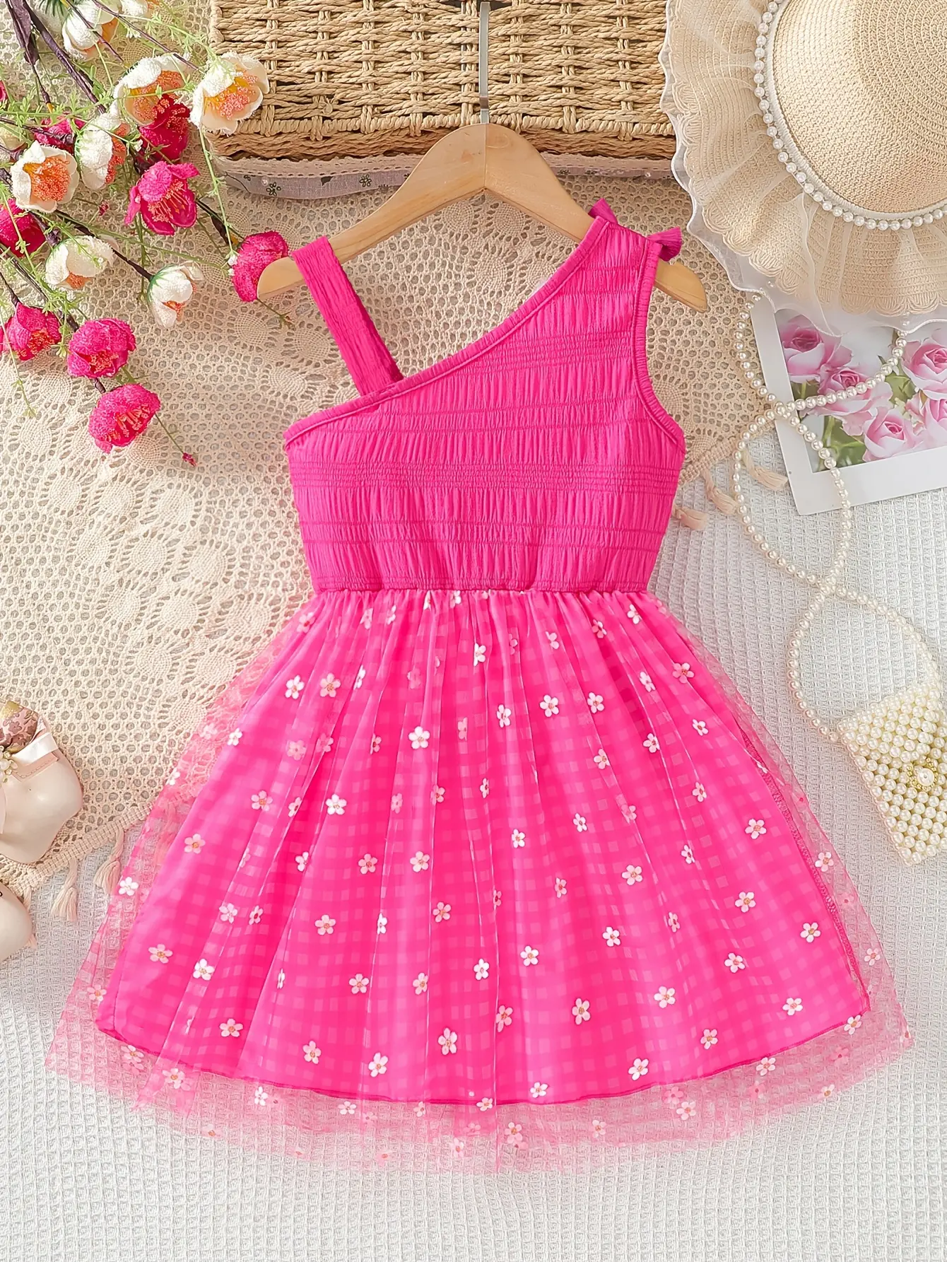 Detail 13 of Girls One-Shoulder Plaid Floral Dress by LUNORIANA