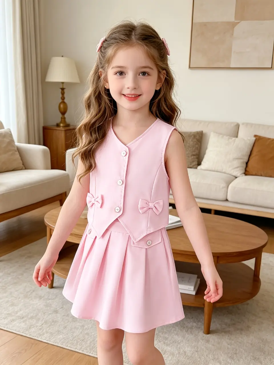 Girls V-Neck Vest and Pleated Skirt Set by LUNORIANA