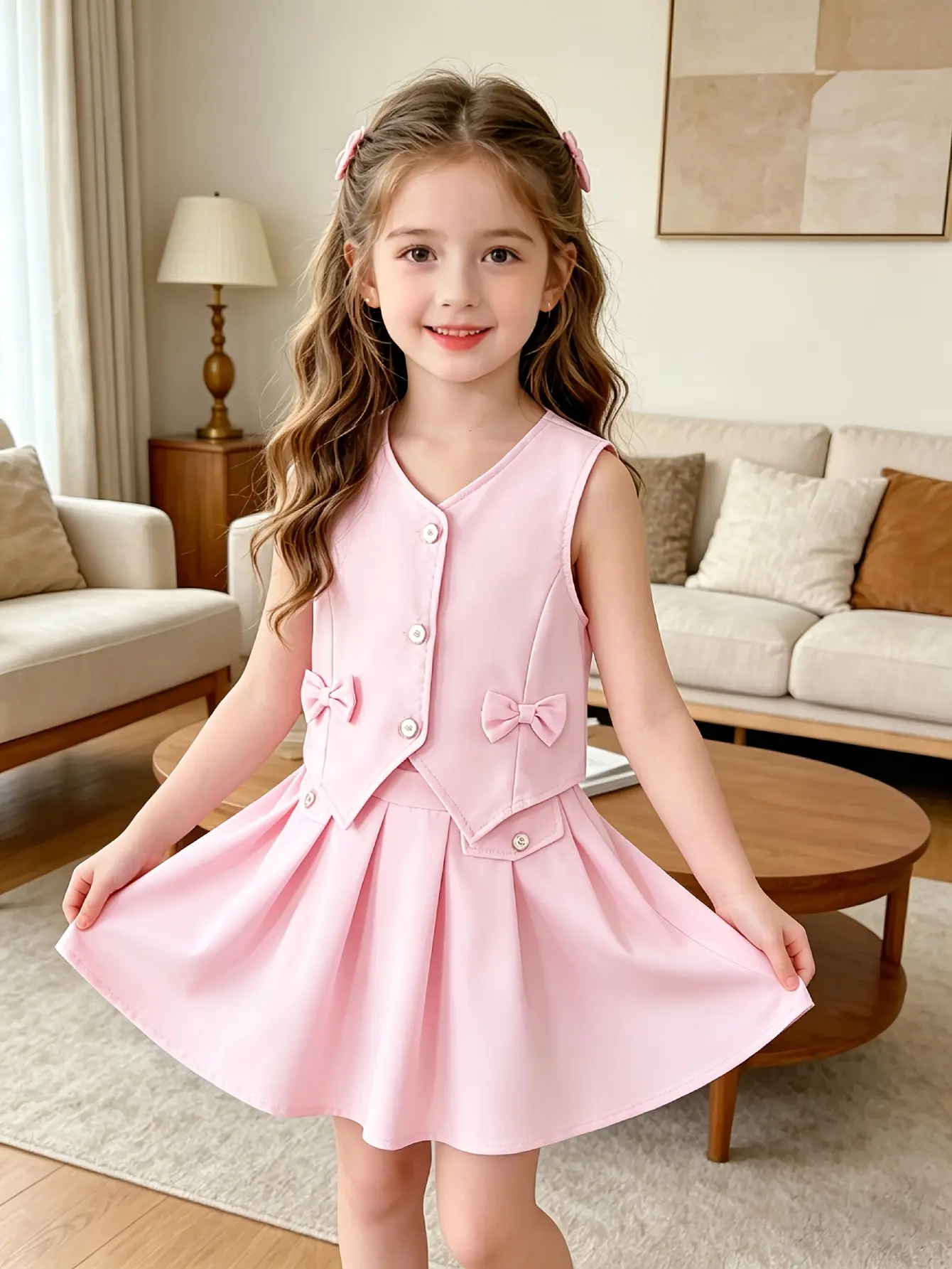 Detail 3 of Girls V-Neck Vest and Pleated Skirt Set by LUNORIANA