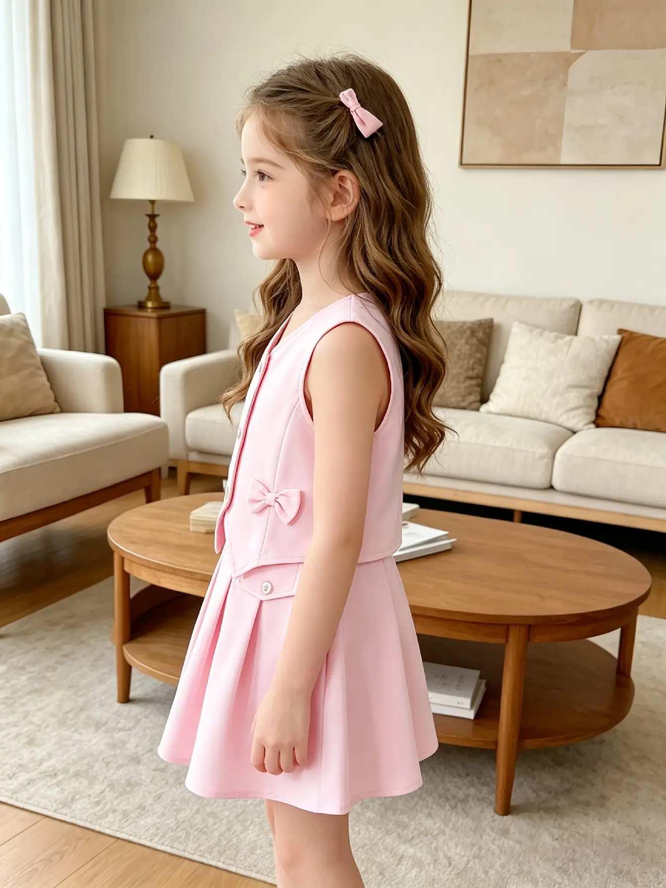 Detail 1 of Girls V-Neck Vest and Pleated Skirt Set by LUNORIANA