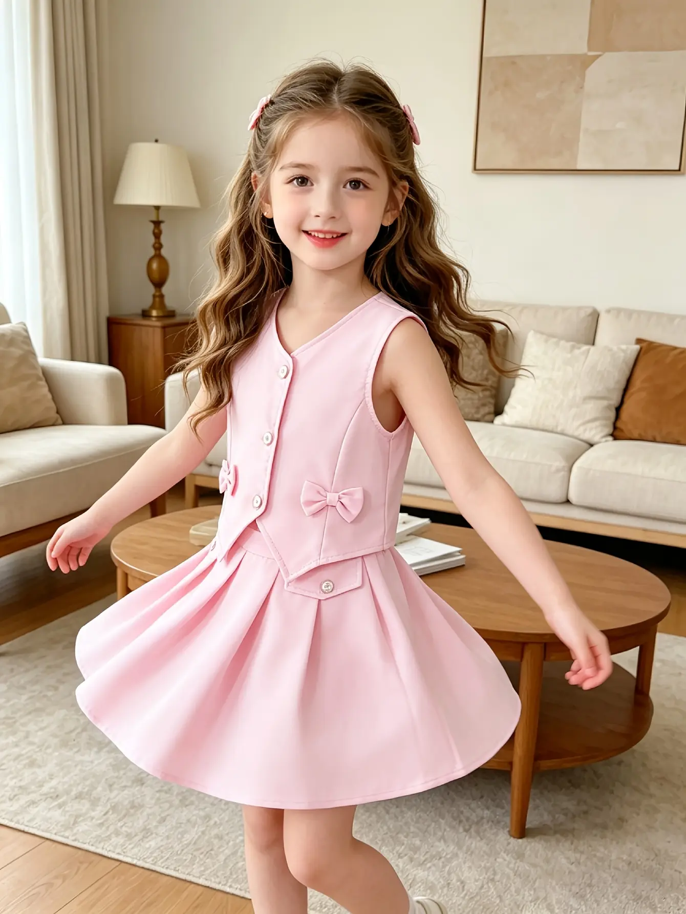 Detail 2 of Girls V-Neck Vest and Pleated Skirt Set by LUNORIANA