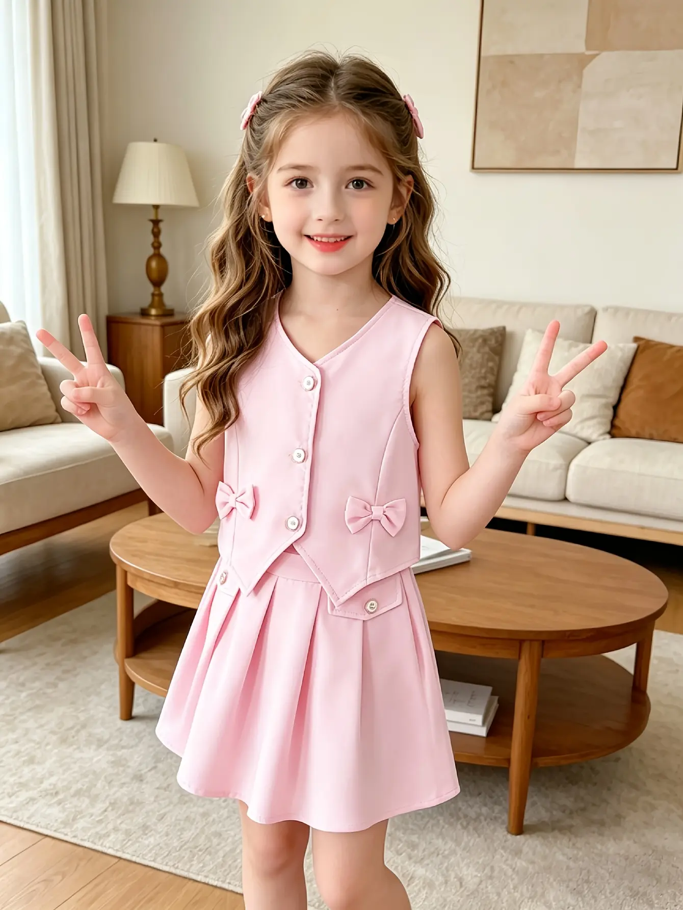 Detail 4 of Girls V-Neck Vest and Pleated Skirt Set by LUNORIANA