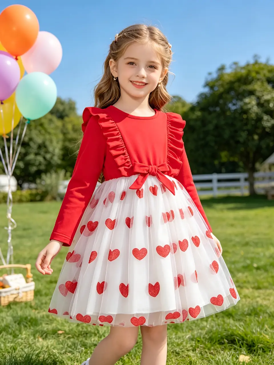 Girls Red Heart Long Sleeve Ruffle Dress by LUNORIANA