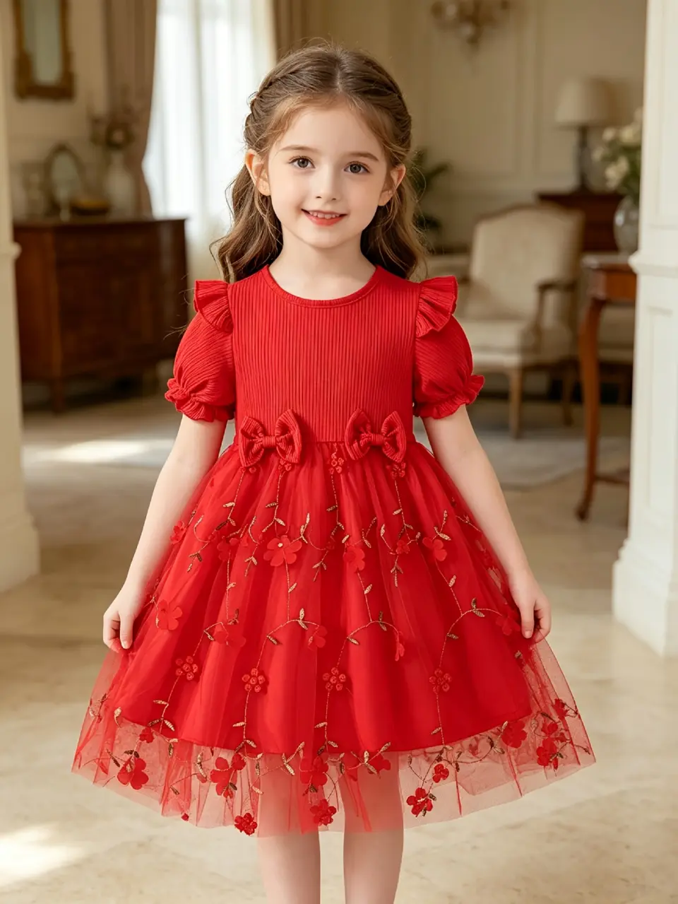 Girls Red 3D Floral Embroidered Tulle Dress by LUNORIANA