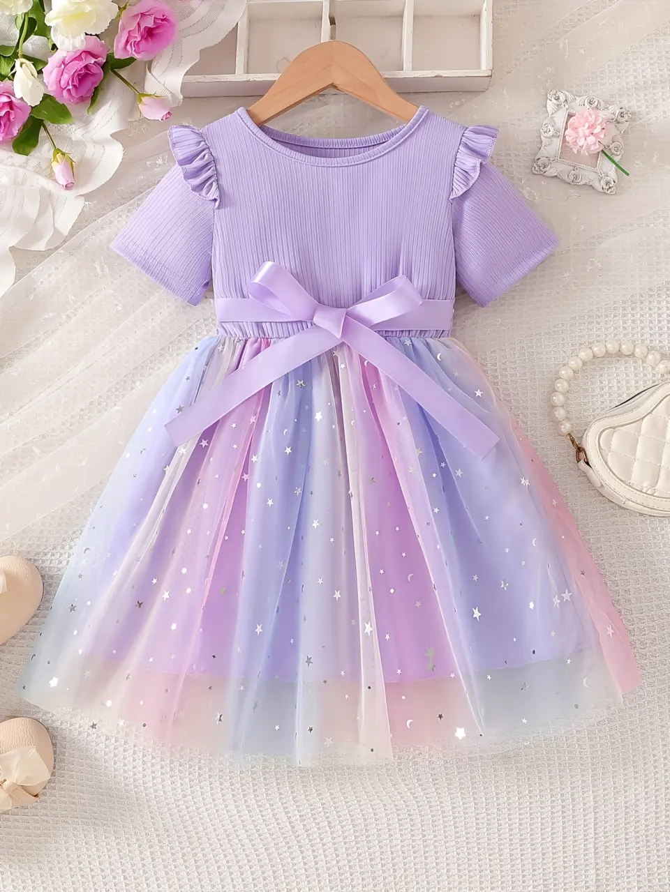 Girls Short Sleeve Star Sequin Tulle Dress by LUNORIANA