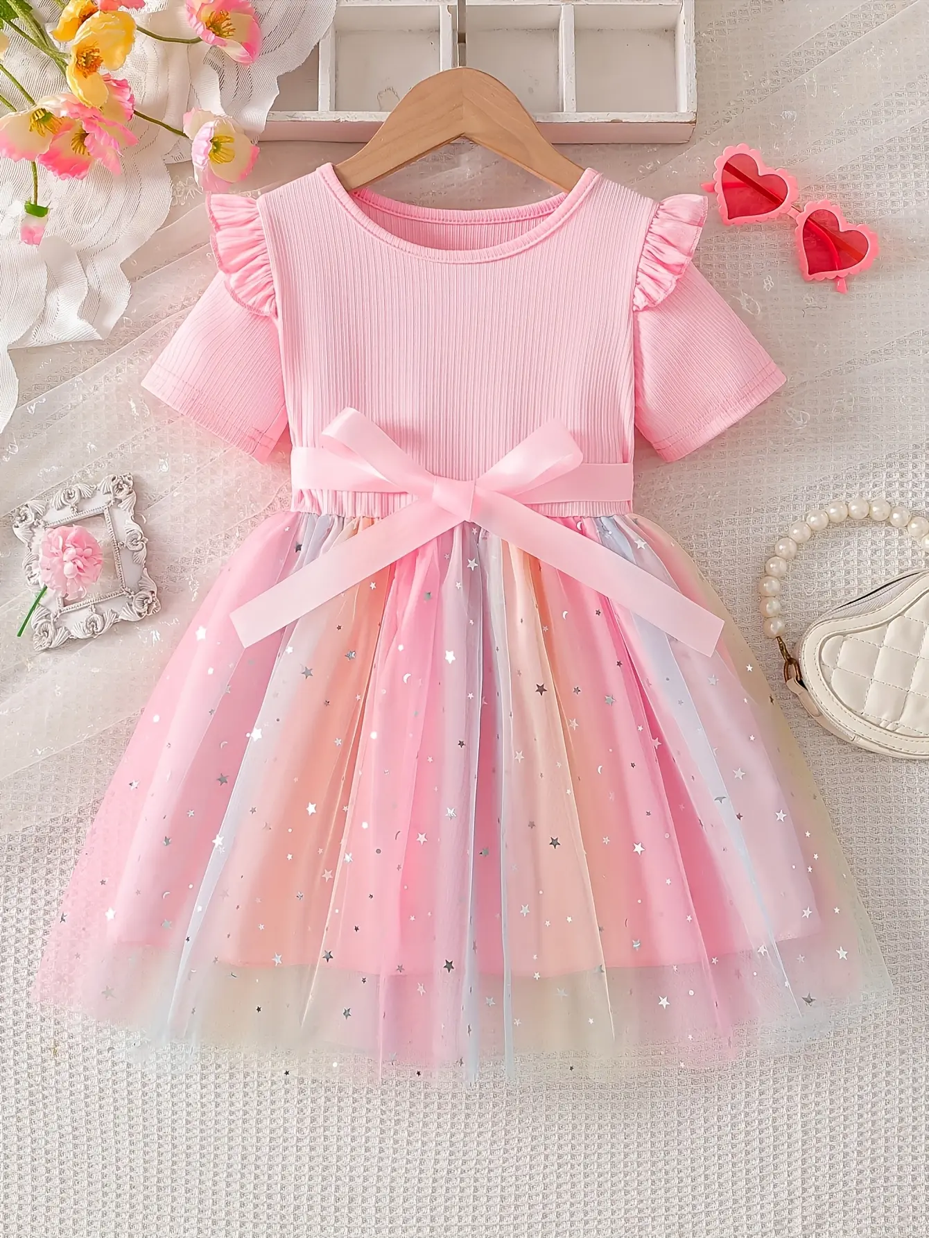 Girls Short Sleeve Star Sequin Tulle Dress in pink by LUNORIANA
