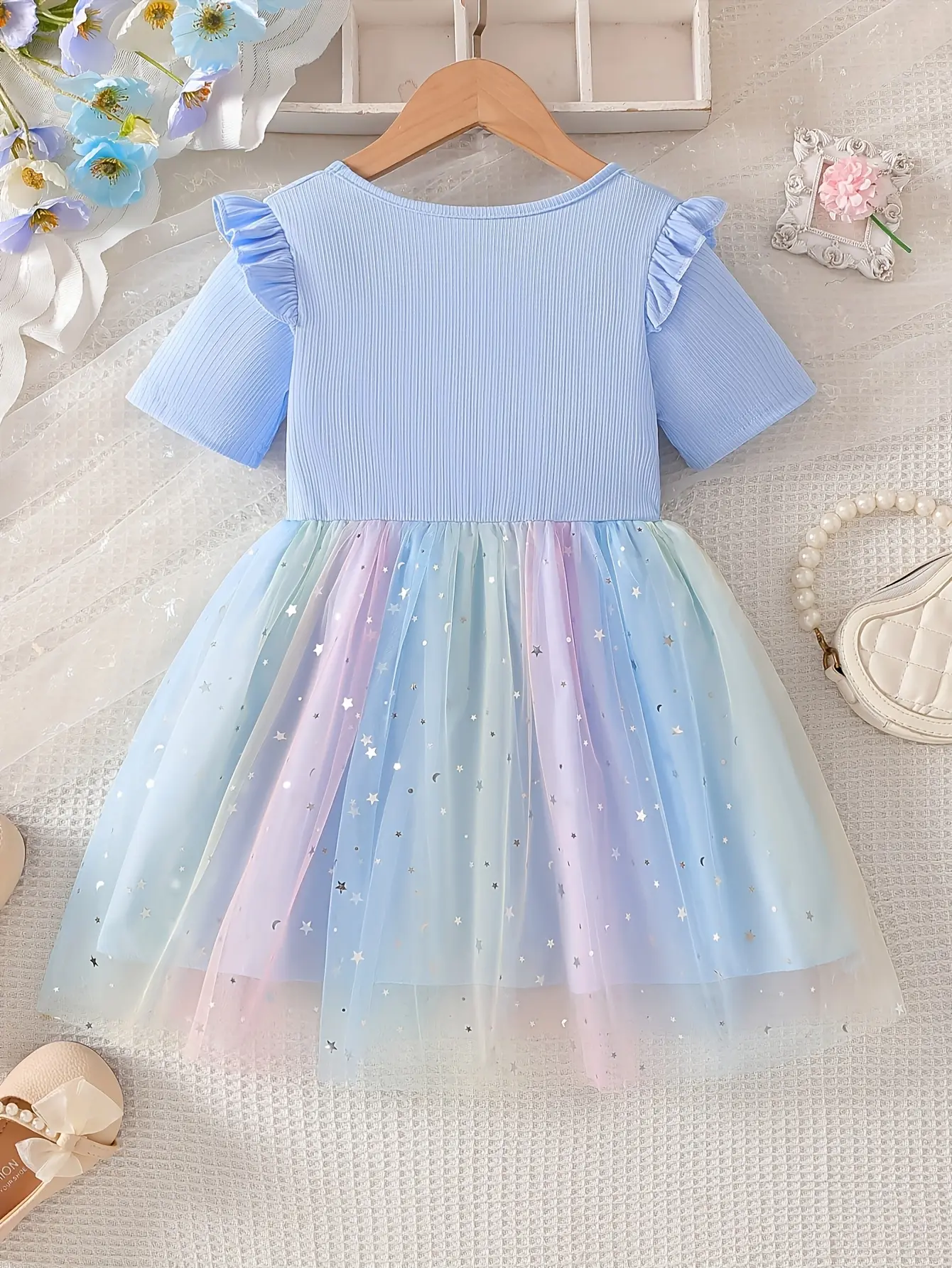 Detail 13 of Girls Short Sleeve Star Sequin Tulle Dress by LUNORIANA