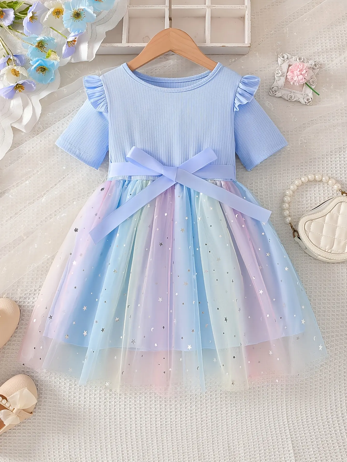 Girls Short Sleeve Star Sequin Tulle Dress in light blue by LUNORIANA