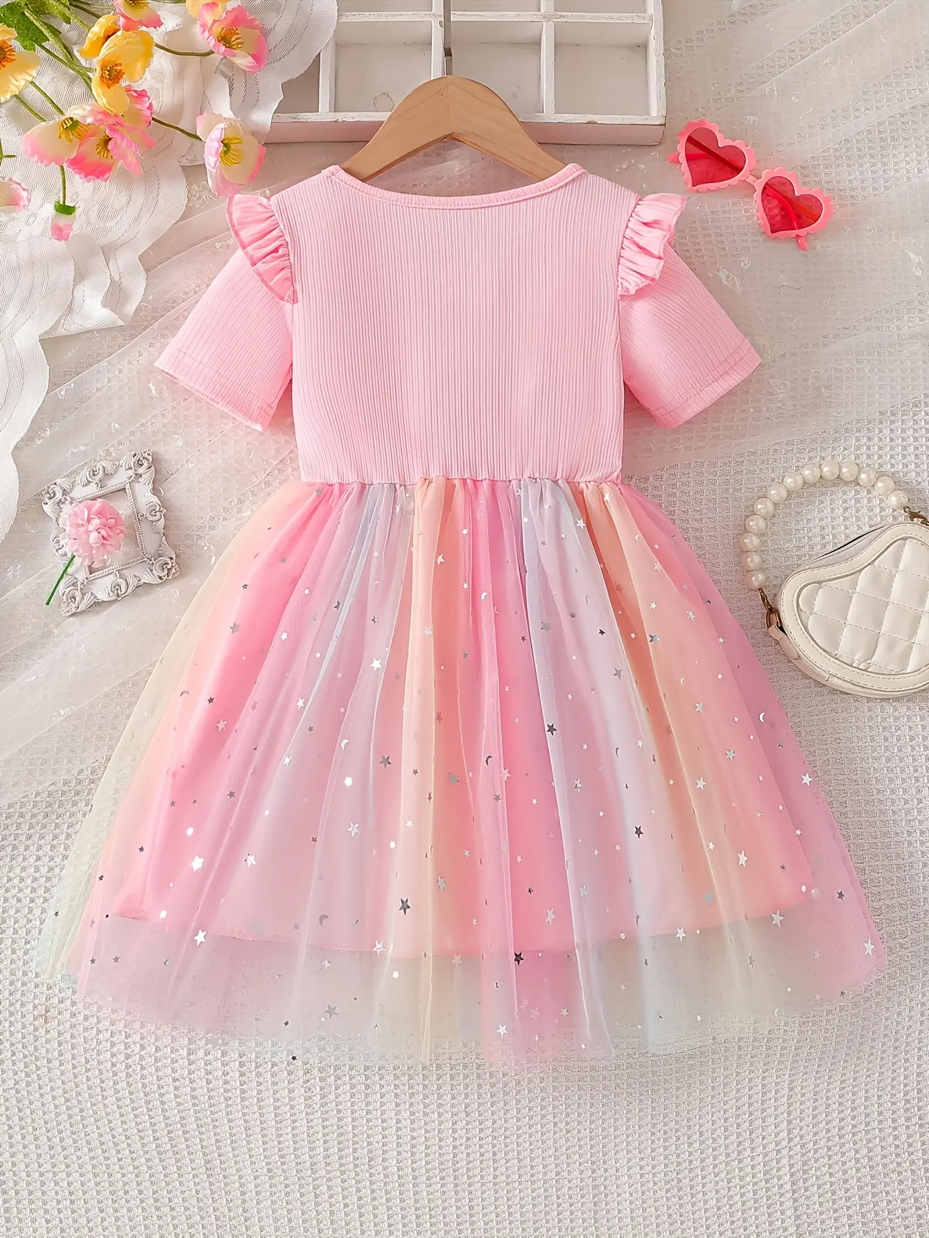 Detail 8 of Girls Short Sleeve Star Sequin Tulle Dress by LUNORIANA
