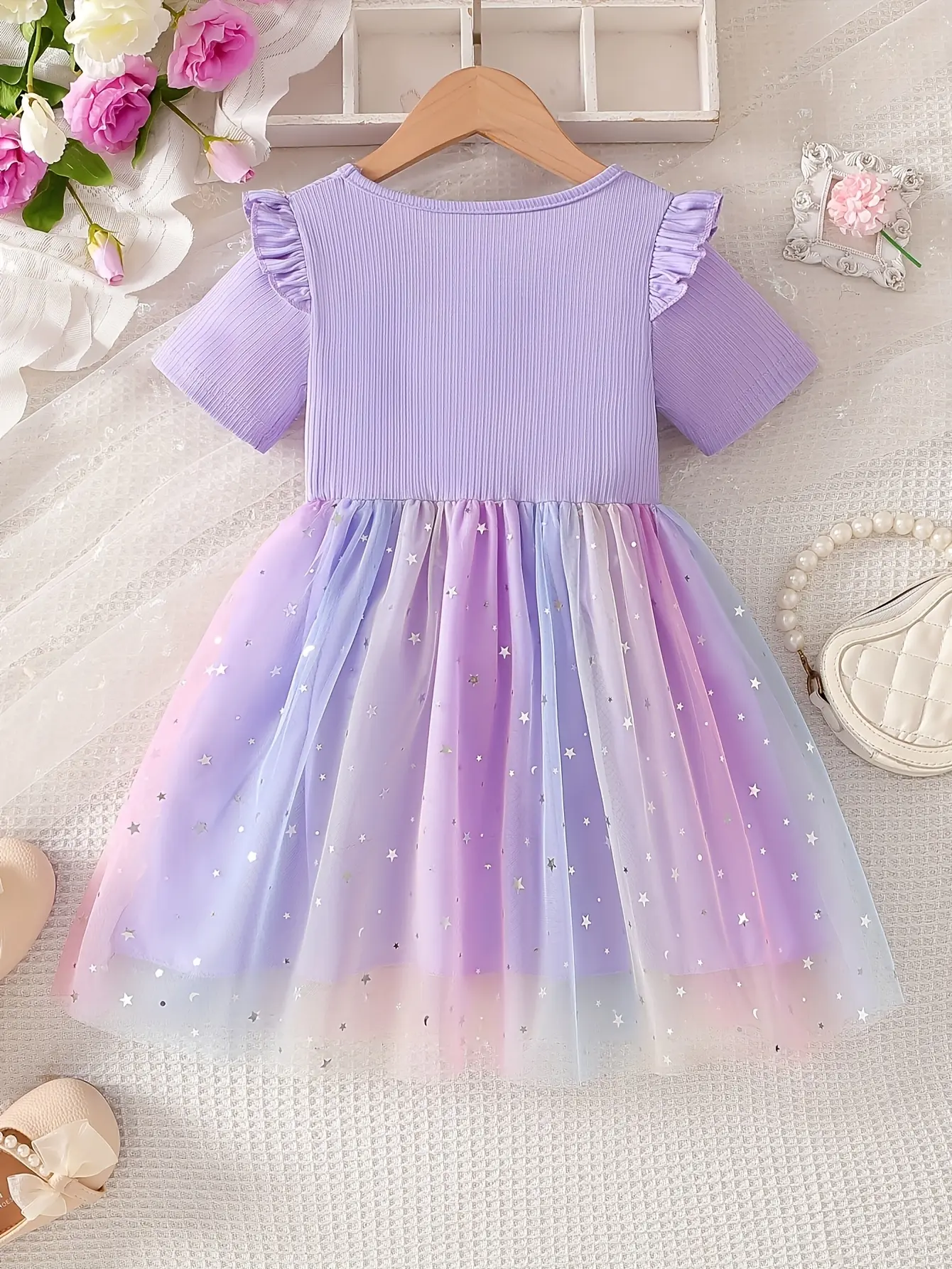 Detail 3 of Girls Short Sleeve Star Sequin Tulle Dress by LUNORIANA