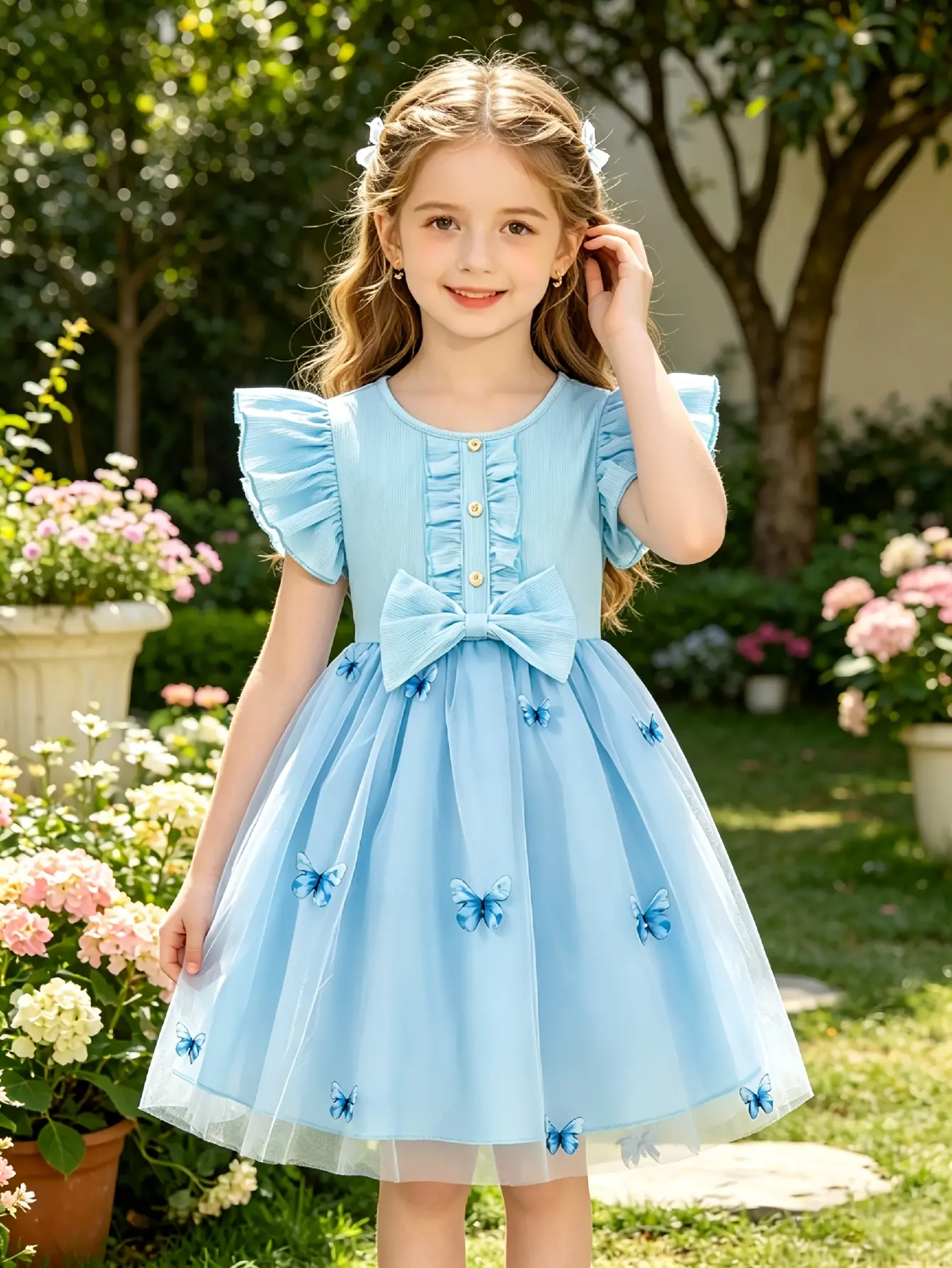 Detail 11 of Girls Blue Butterfly Embroidered Tulle Dress by LUNORIANA