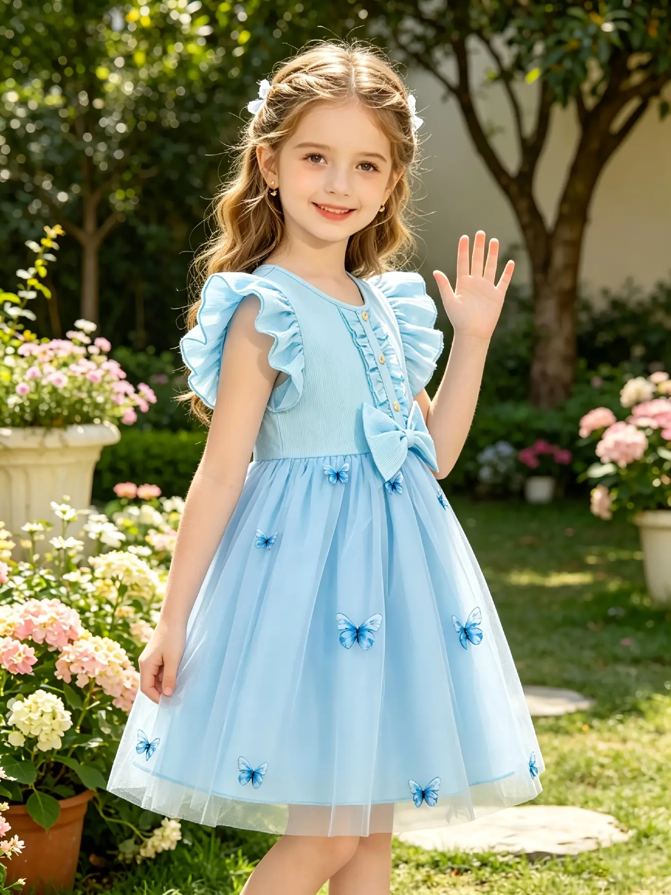 Detail 12 of Girls Blue Butterfly Embroidered Tulle Dress by LUNORIANA