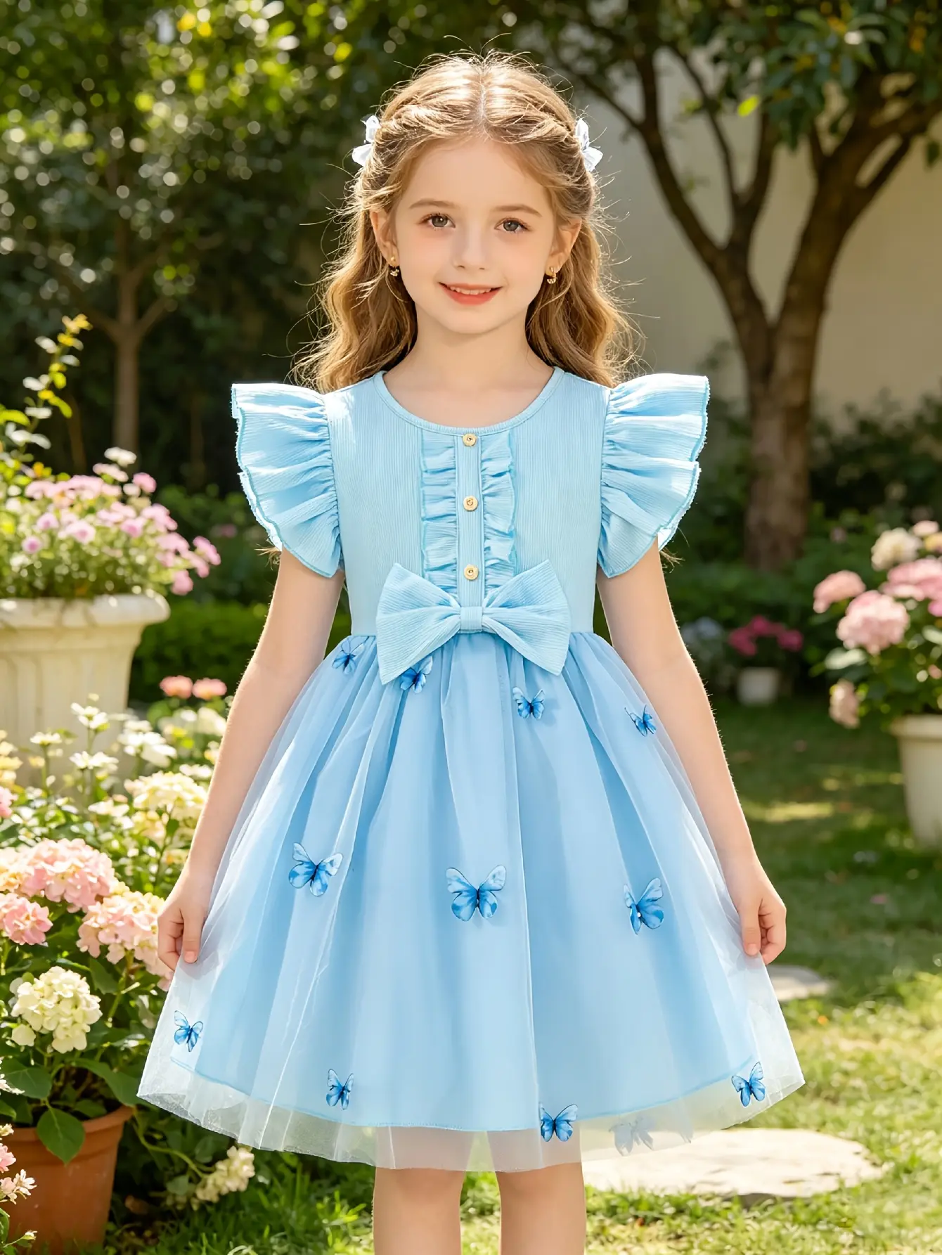 Girls Blue Butterfly Embroidered Tulle Dress in light blue by LUNORIANA
