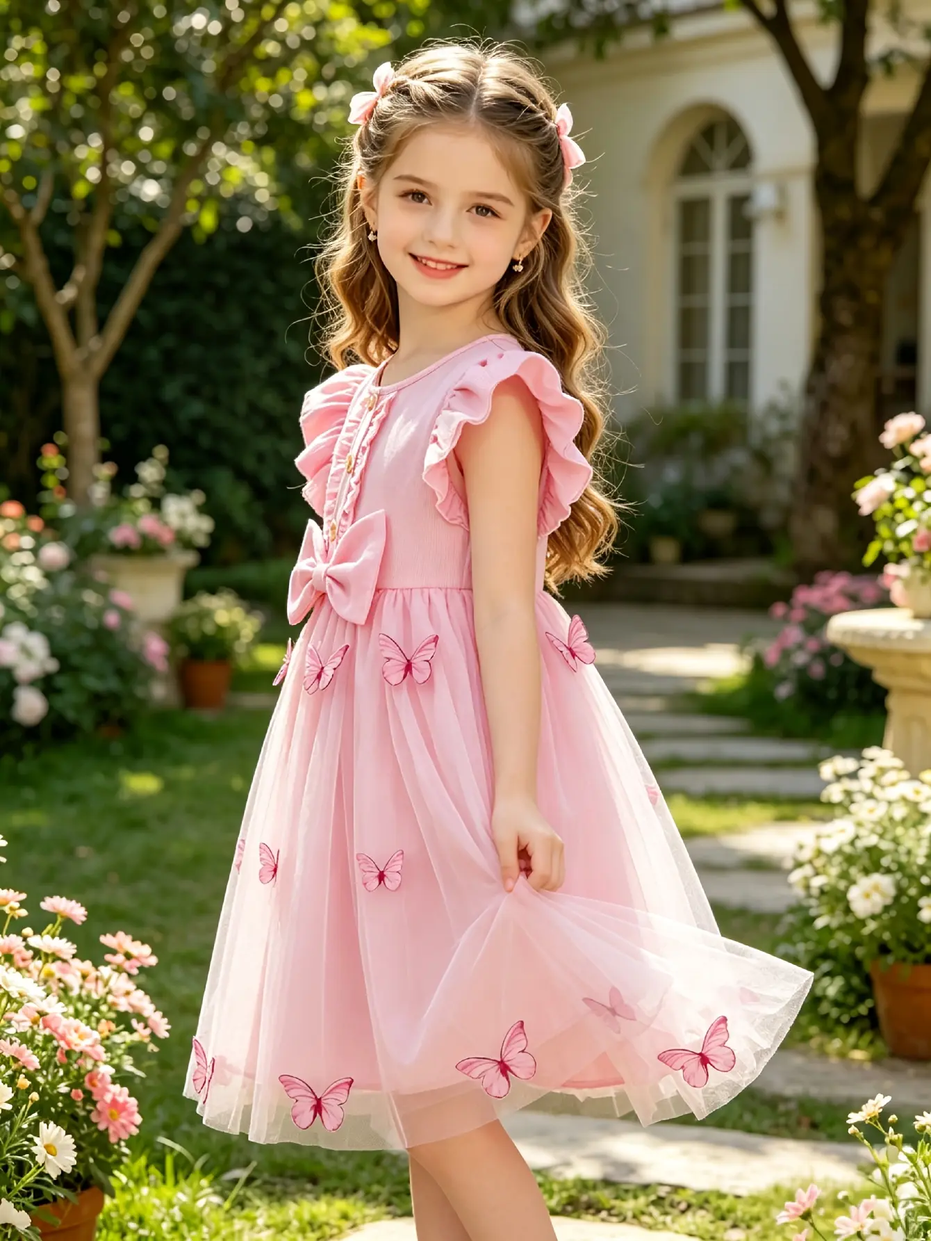 Detail 5 of Girls Blue Butterfly Embroidered Tulle Dress by LUNORIANA