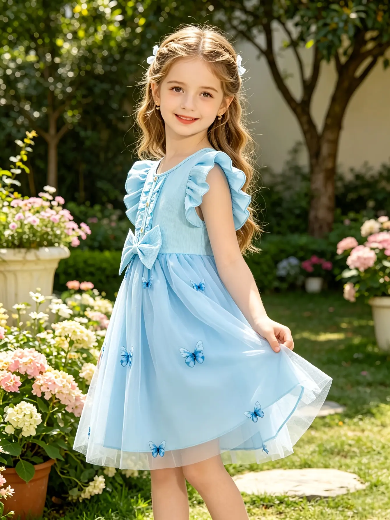 Detail 10 of Girls Blue Butterfly Embroidered Tulle Dress by LUNORIANA