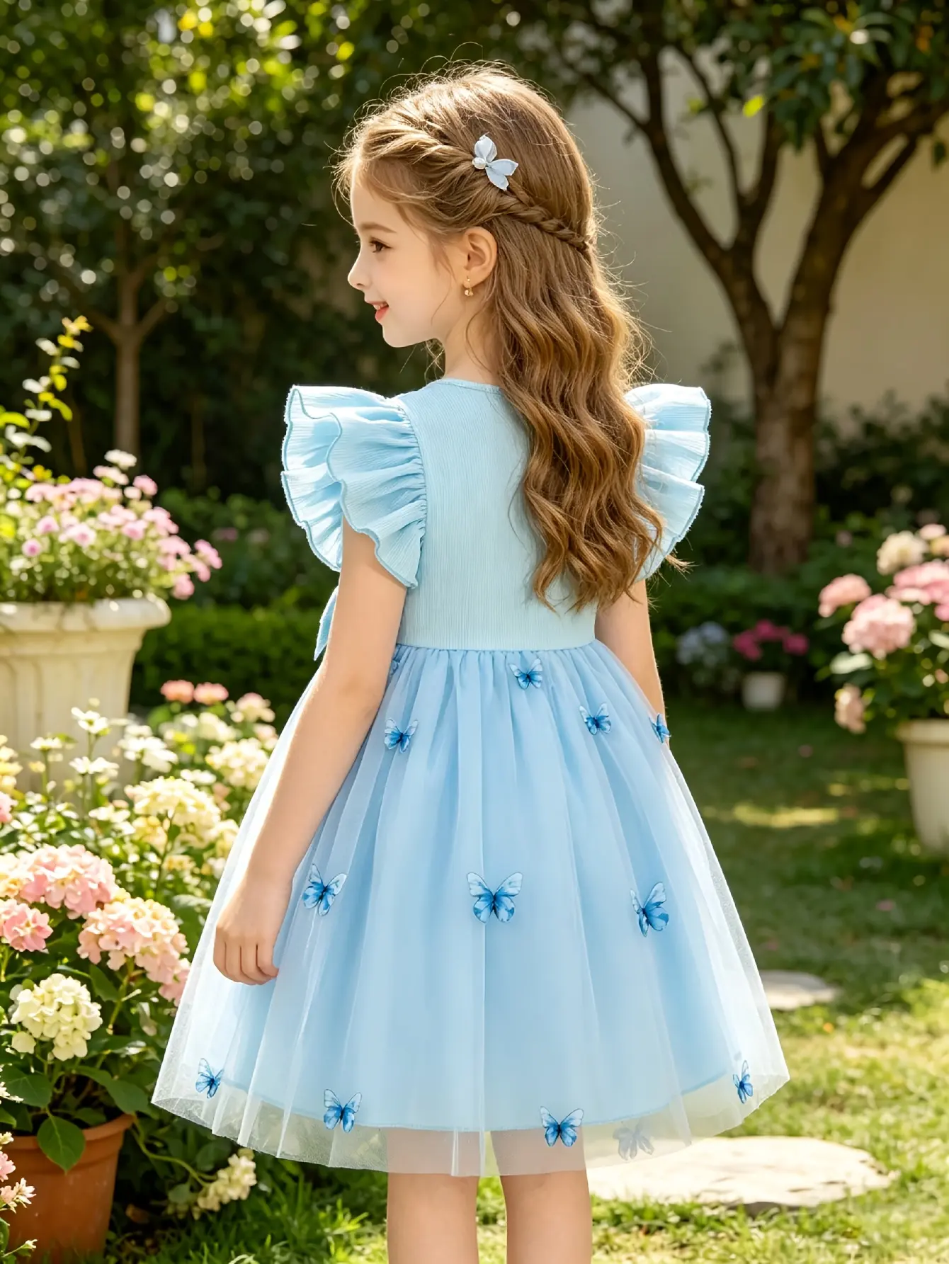 Detail 8 of Girls Blue Butterfly Embroidered Tulle Dress by LUNORIANA