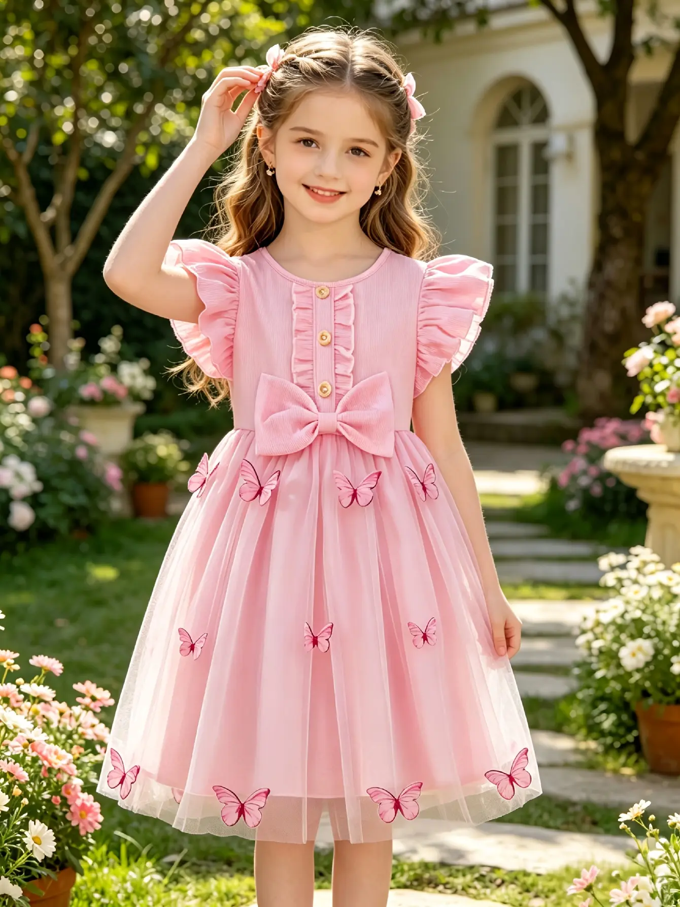 Detail 6 of Girls Blue Butterfly Embroidered Tulle Dress by LUNORIANA