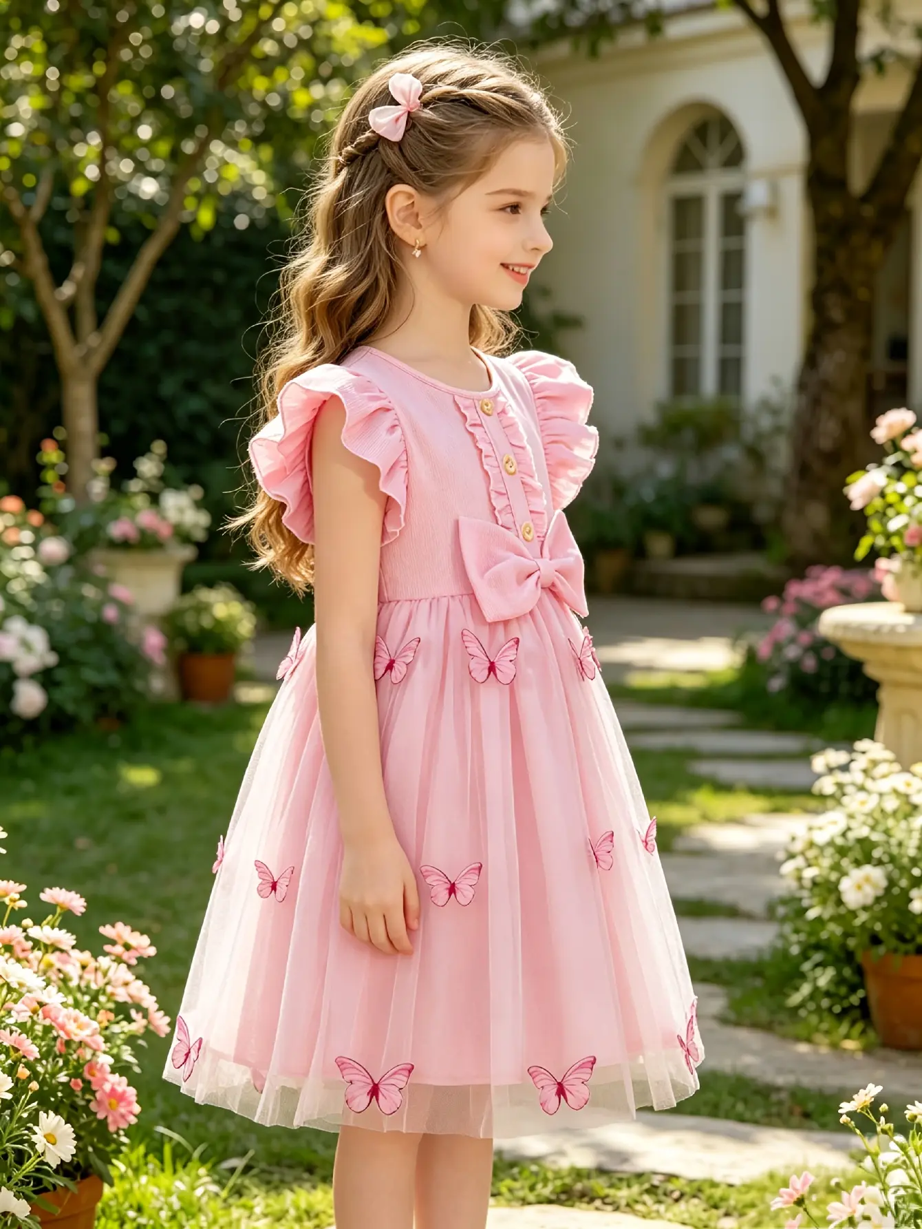 Detail 7 of Girls Blue Butterfly Embroidered Tulle Dress by LUNORIANA