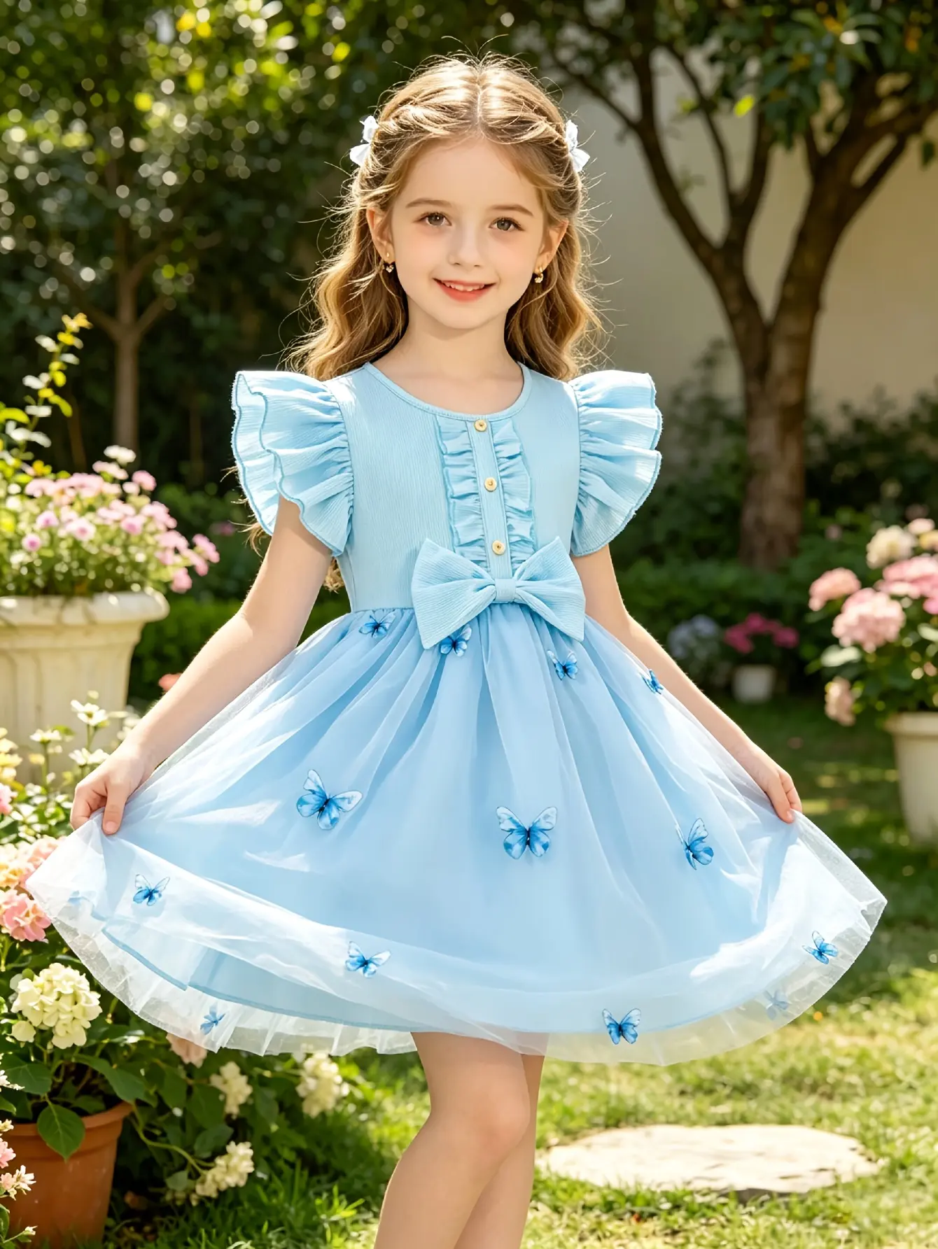 Detail 9 of Girls Blue Butterfly Embroidered Tulle Dress by LUNORIANA