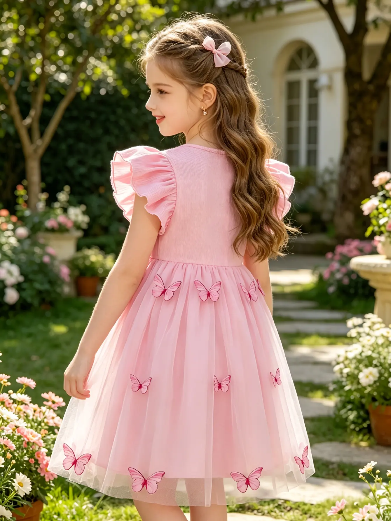 Detail 3 of Girls Blue Butterfly Embroidered Tulle Dress by LUNORIANA