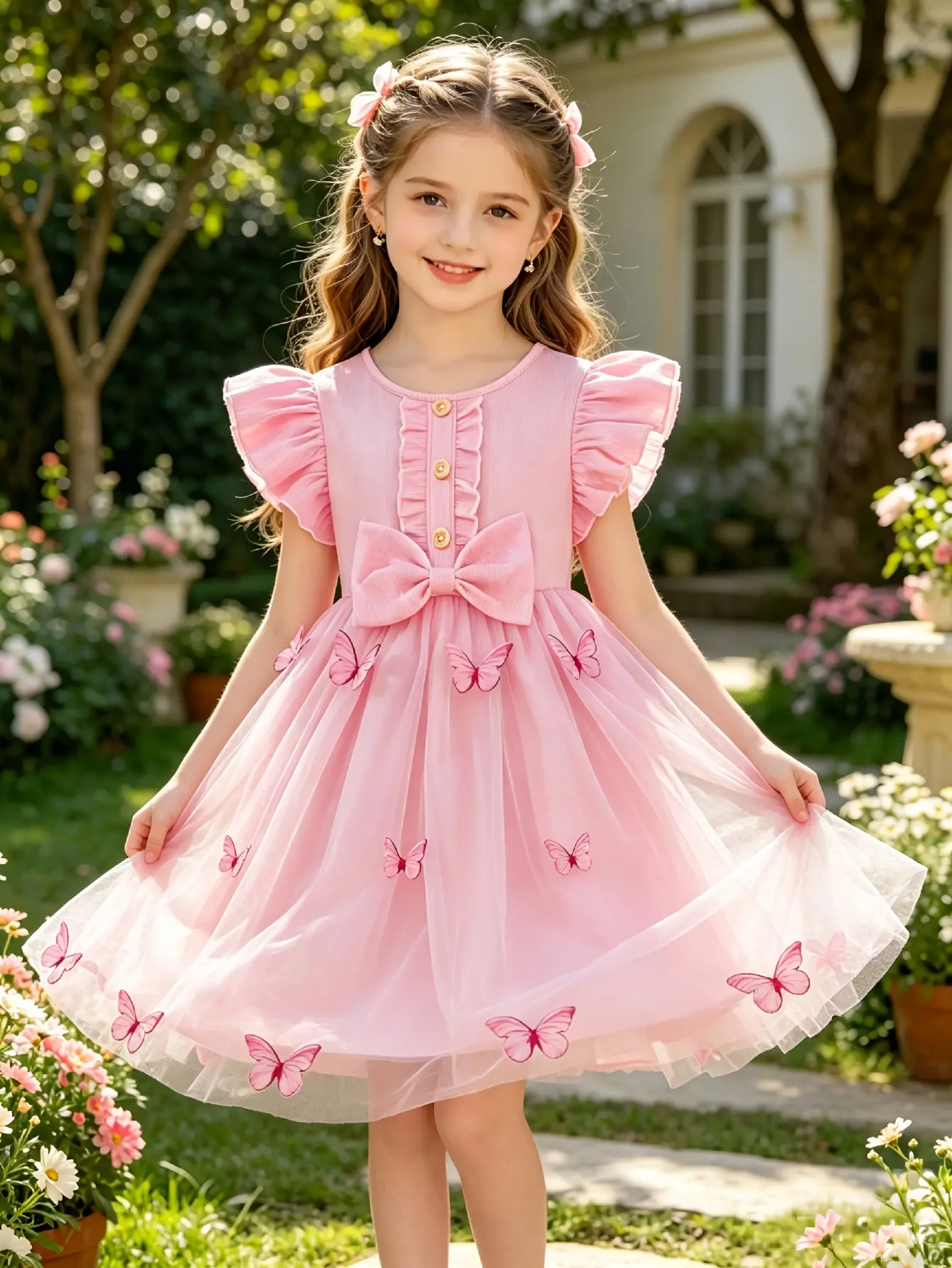 Detail 4 of Girls Blue Butterfly Embroidered Tulle Dress by LUNORIANA