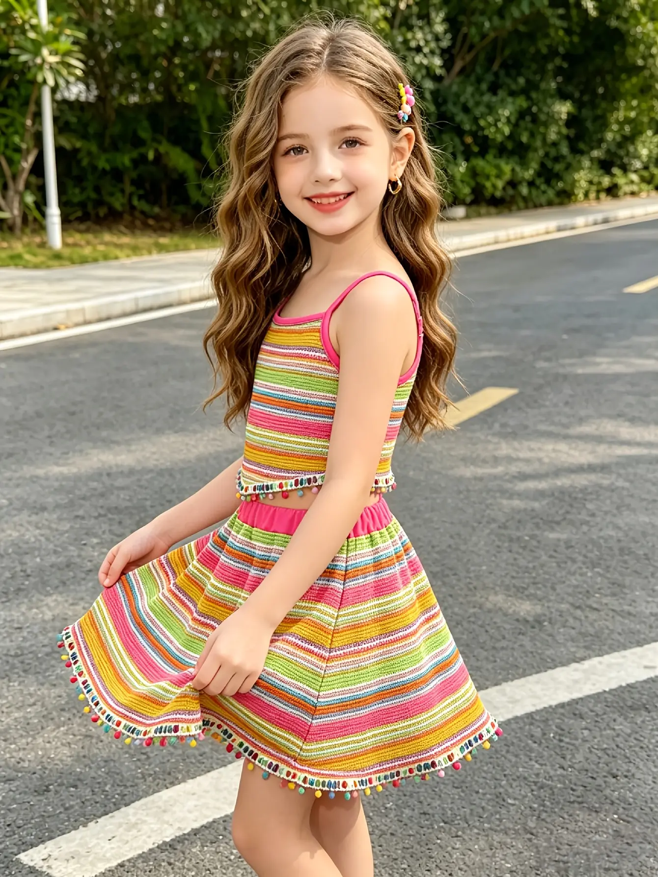 Detail 1 of Girls Striped Jacquard Cami Top and Skirt Set by LUNORIANA