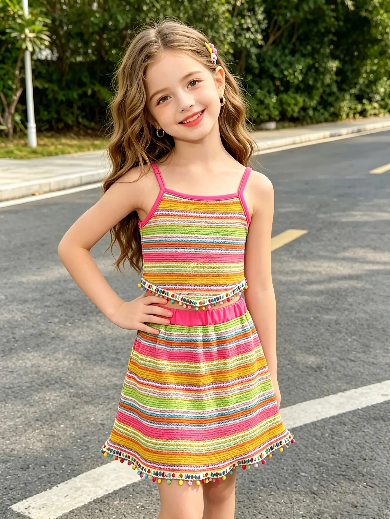 Detail 3 of Girls Striped Jacquard Cami Top and Skirt Set by LUNORIANA