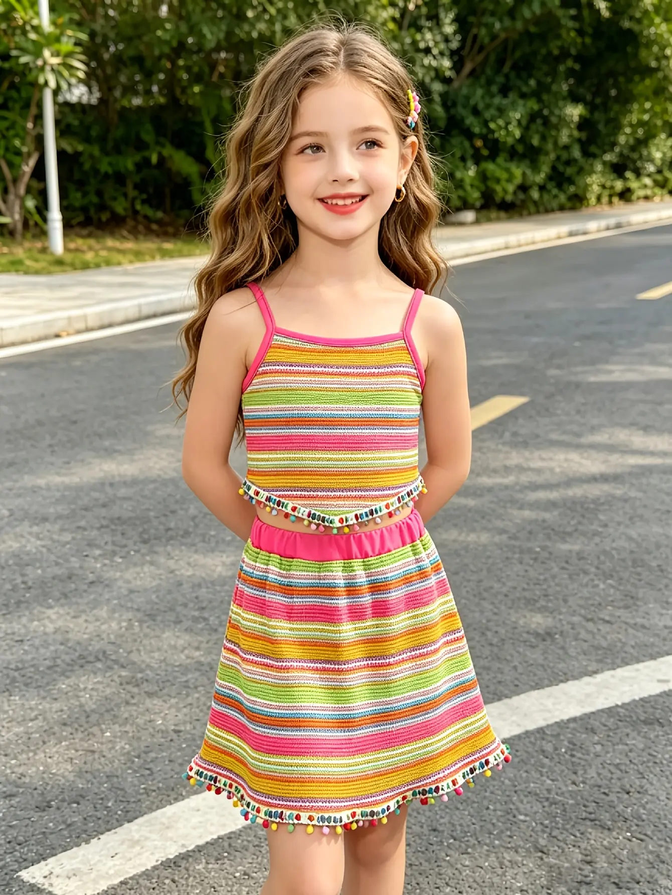 Detail 4 of Girls Striped Jacquard Cami Top and Skirt Set by LUNORIANA
