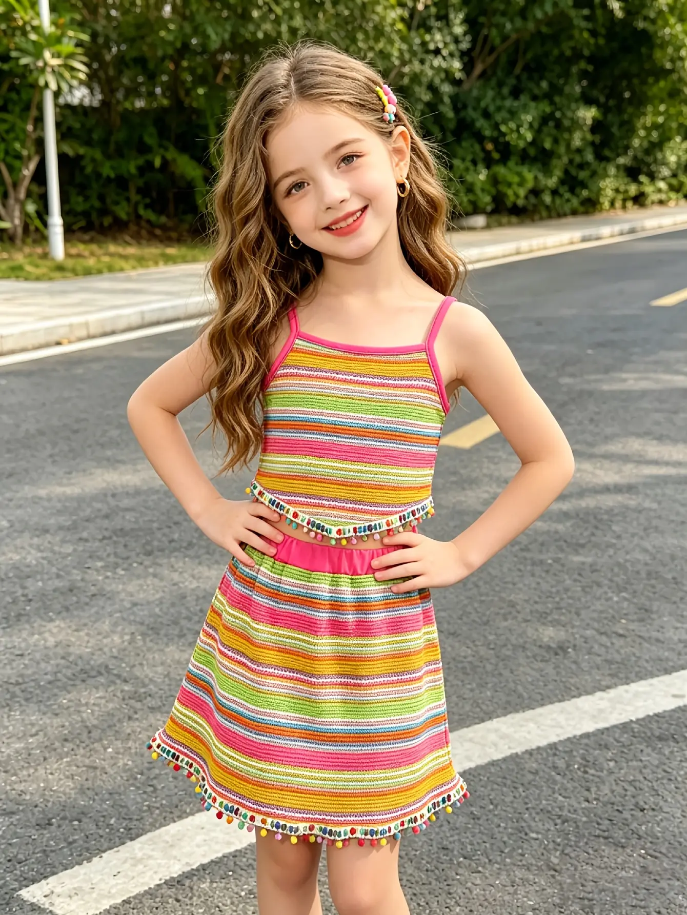 Detail 5 of Girls Striped Jacquard Cami Top and Skirt Set by LUNORIANA