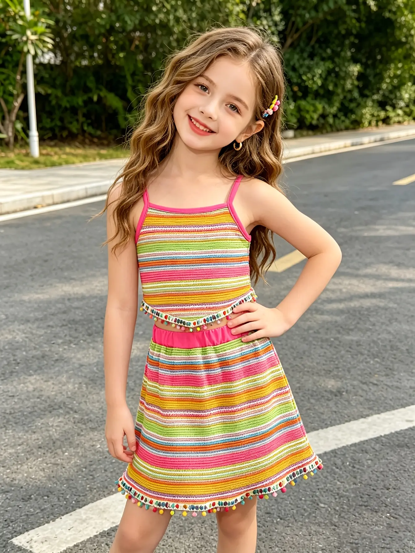 Detail 2 of Girls Striped Jacquard Cami Top and Skirt Set by LUNORIANA