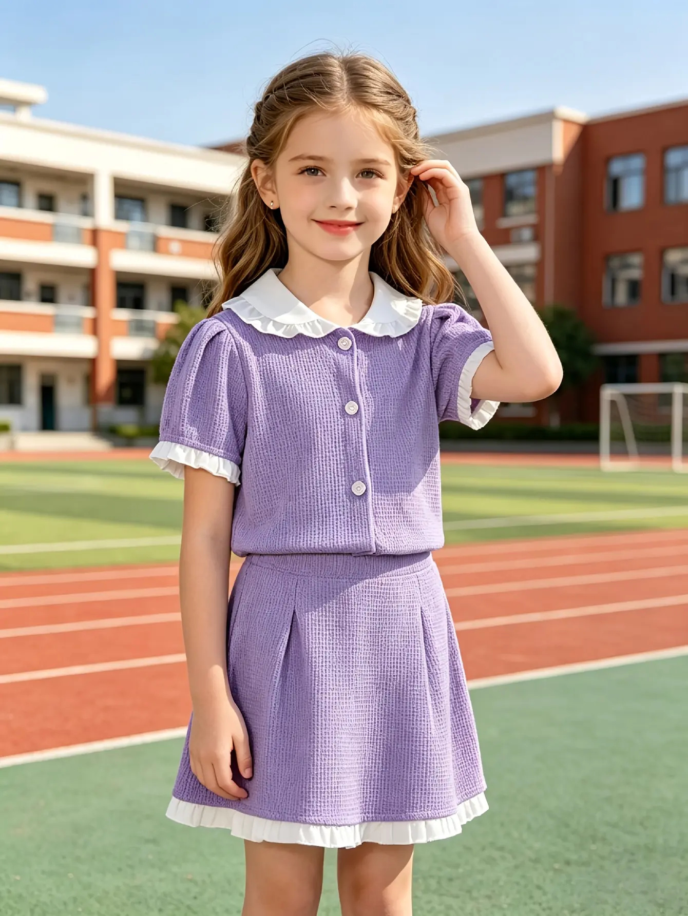 Detail 5 of Girls Peter Pan Collar Jacket and A-Line Skirt Set by LUNORIANA