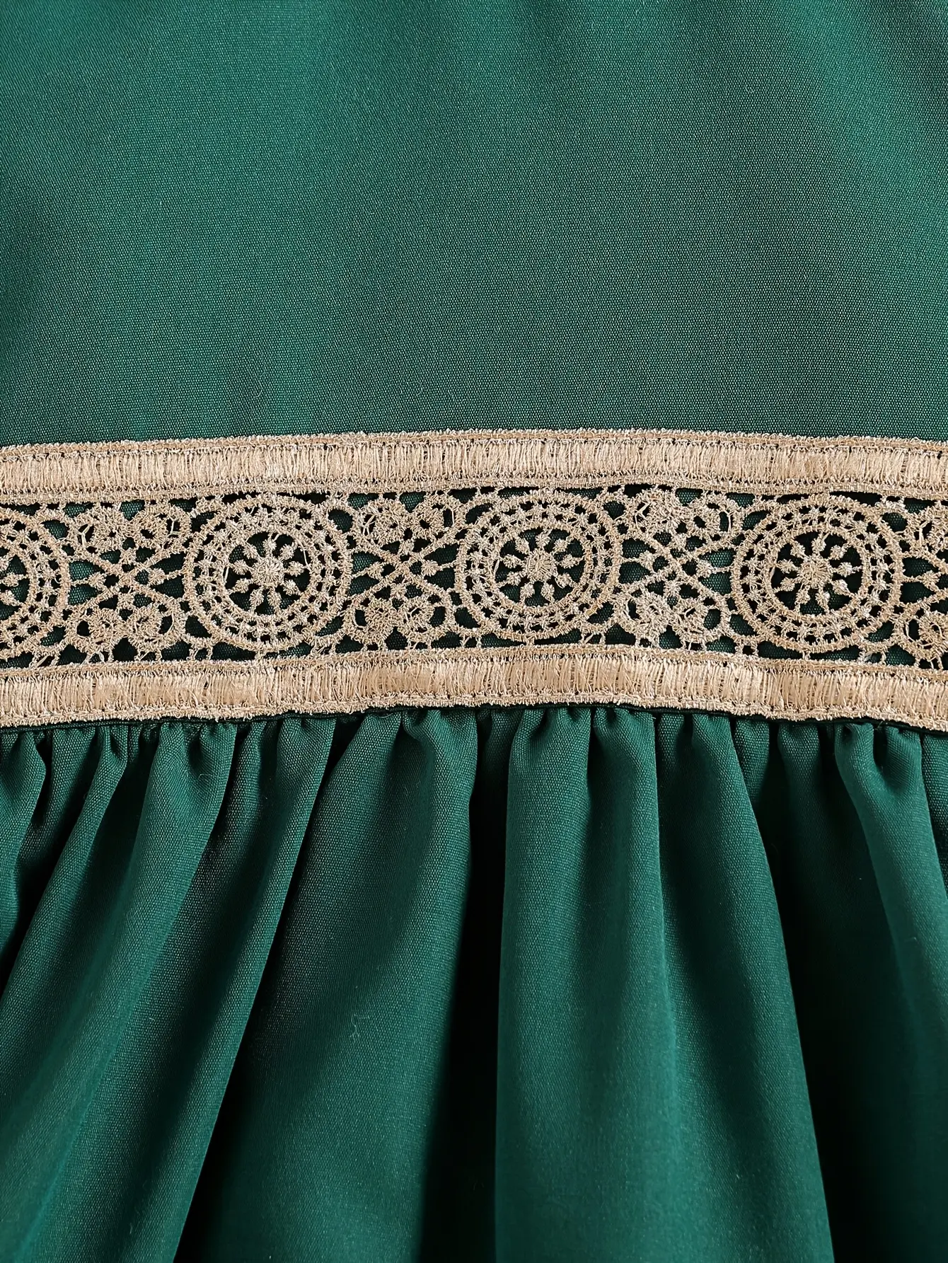 Detail 4 of Girls Green Lace Trim Off-Shoulder Dress by LUNORIANA