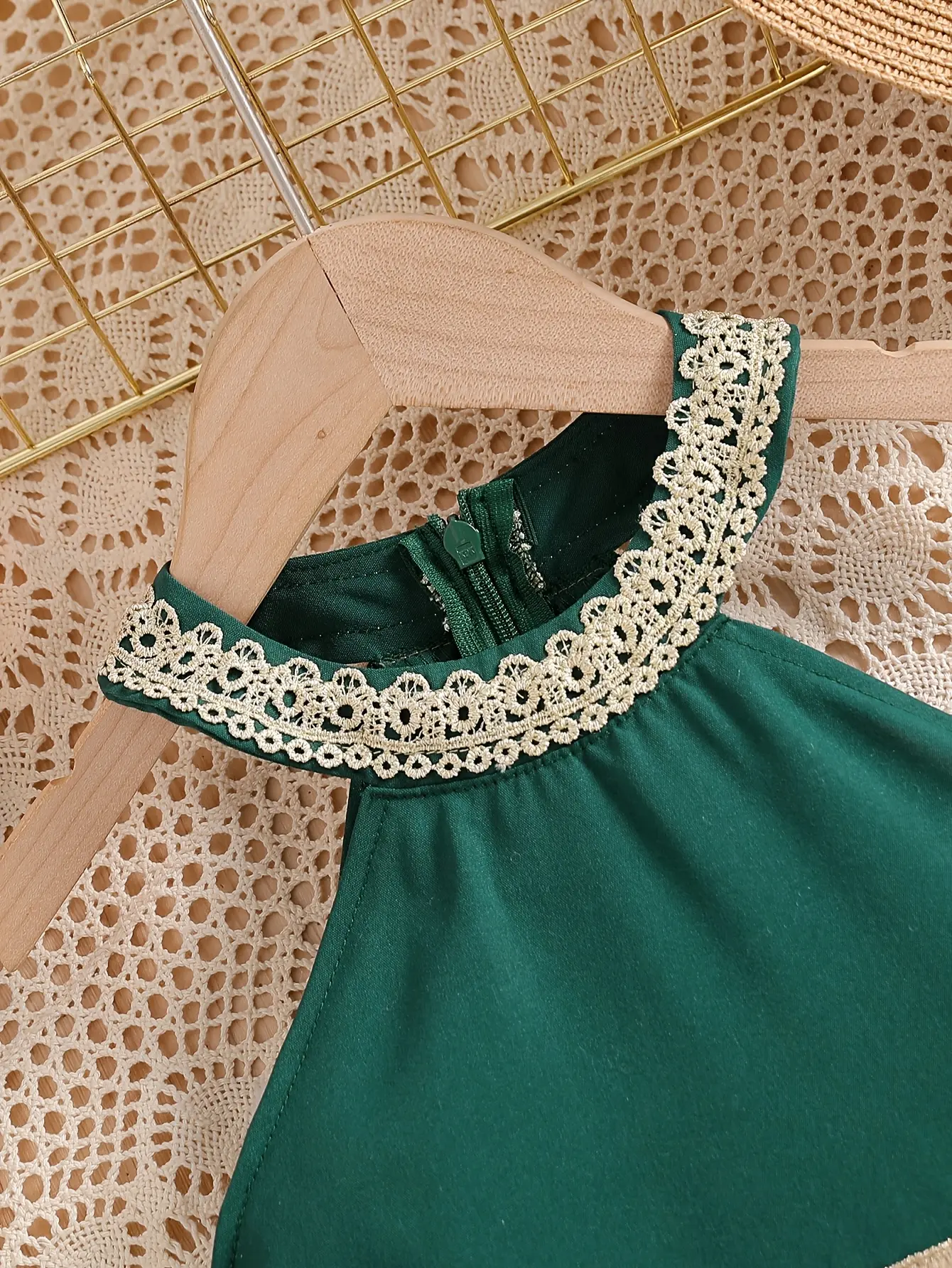 Detail 2 of Girls Green Lace Trim Off-Shoulder Dress by LUNORIANA