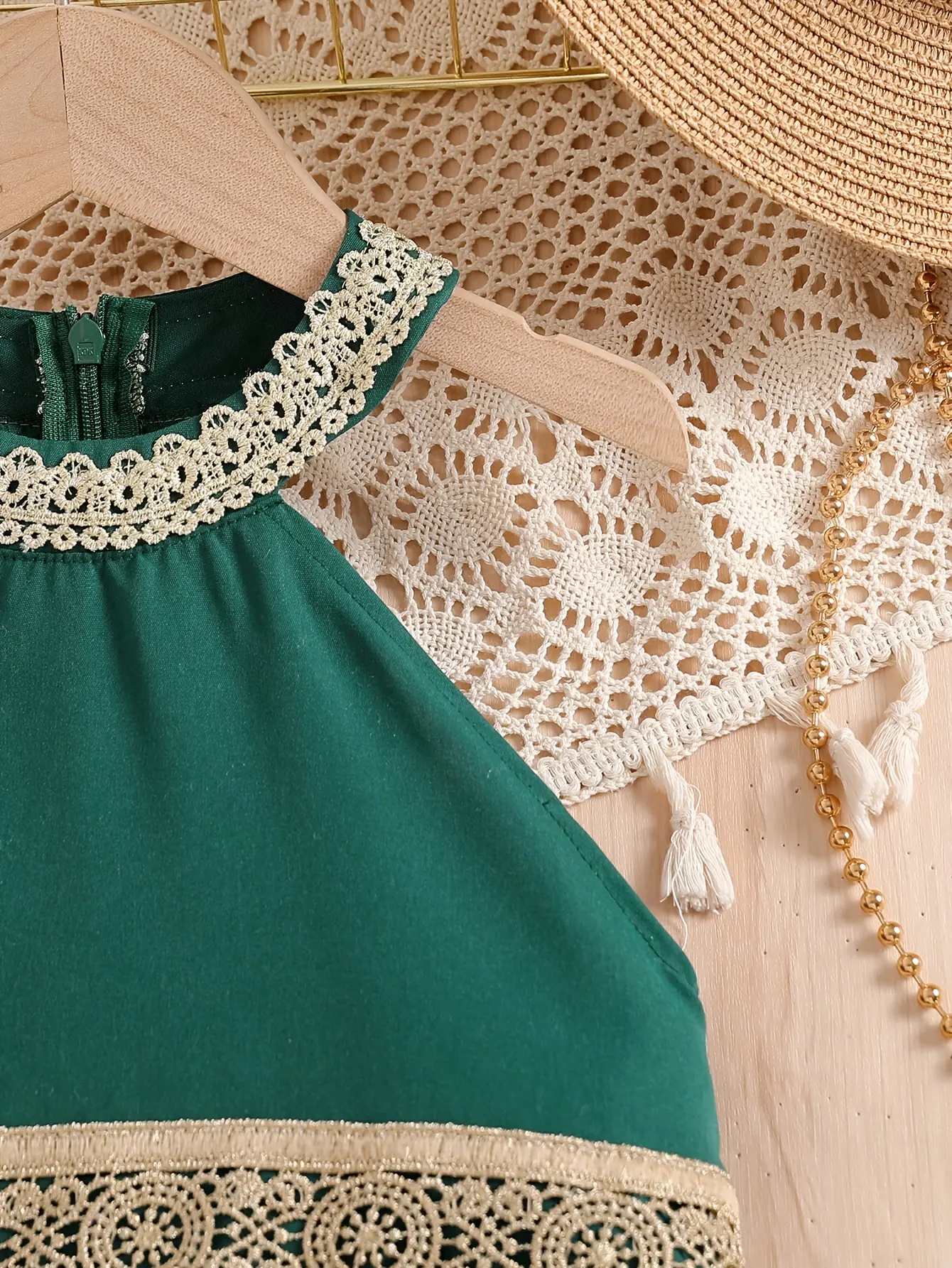 Detail 3 of Girls Green Lace Trim Off-Shoulder Dress by LUNORIANA