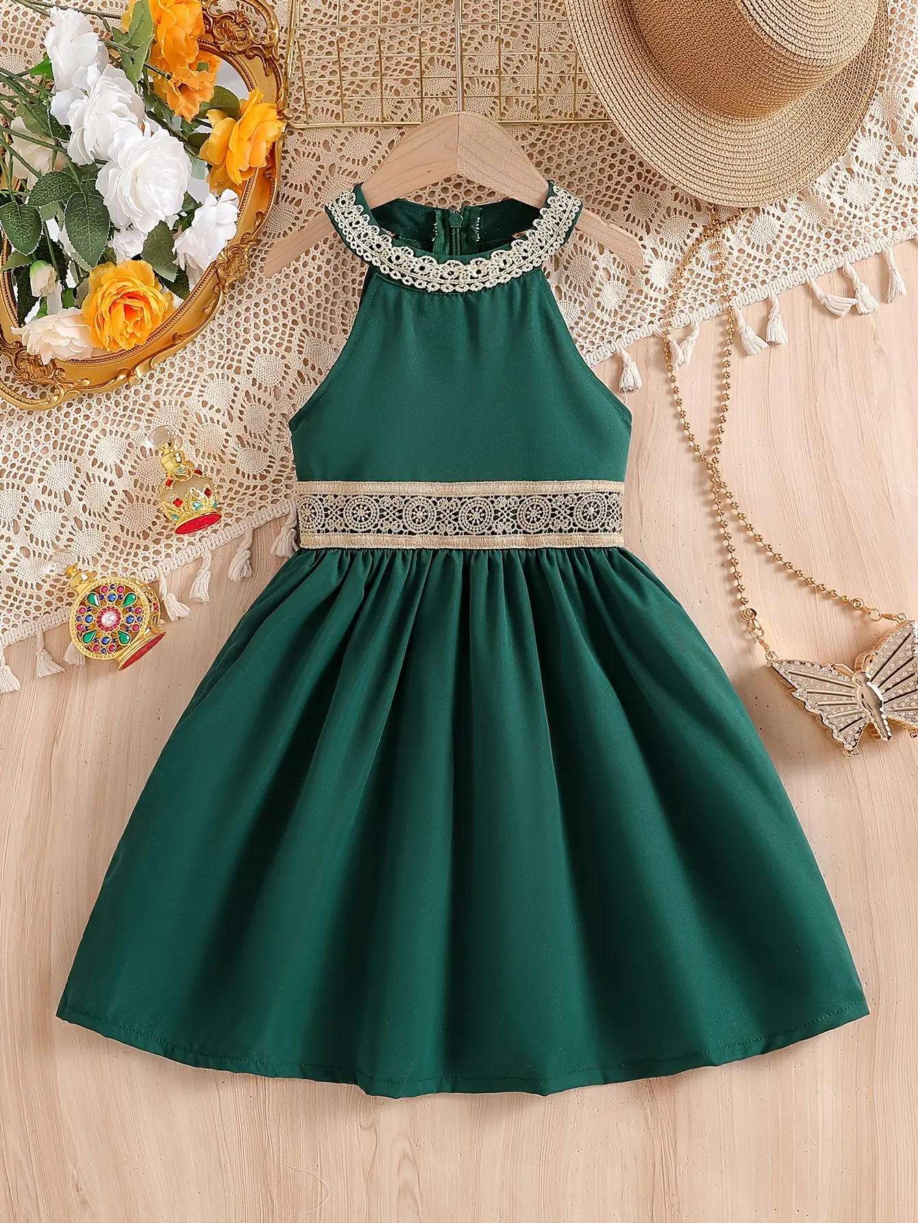 Girls Green Lace Trim Off-Shoulder Dress by LUNORIANA