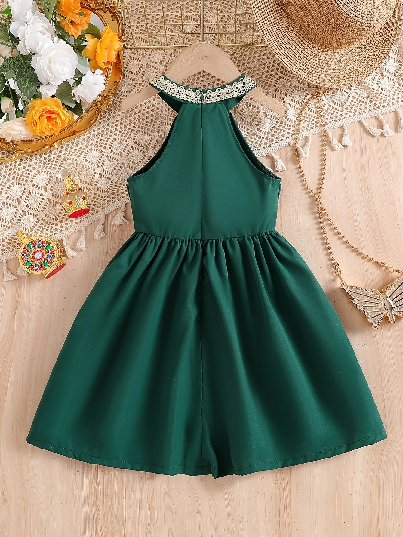 Detail 1 of Girls Green Lace Trim Off-Shoulder Dress by LUNORIANA