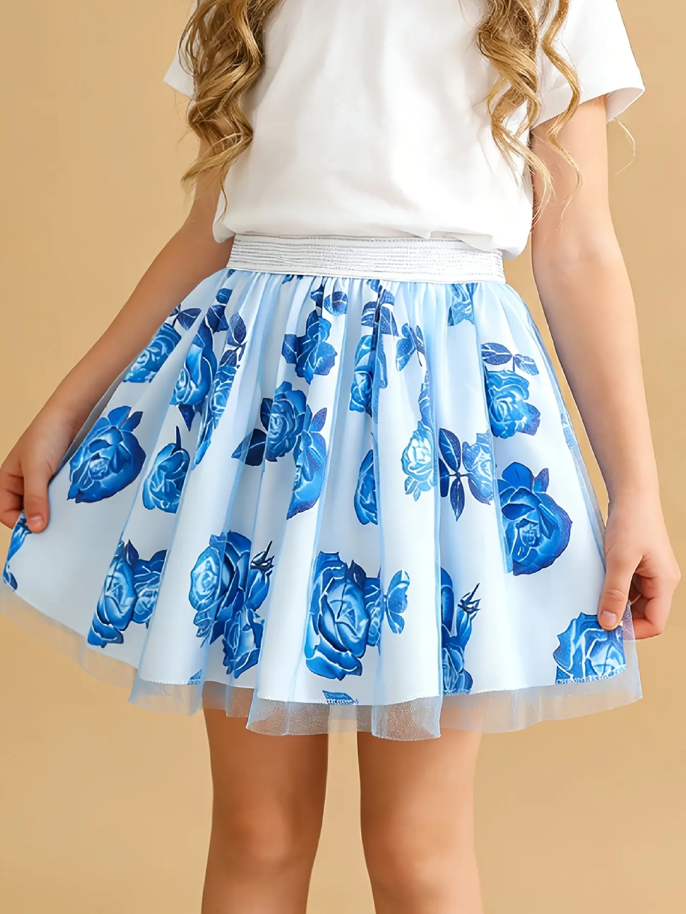Girls Floral Print Tulle Skirt in blue by LUNORIANA