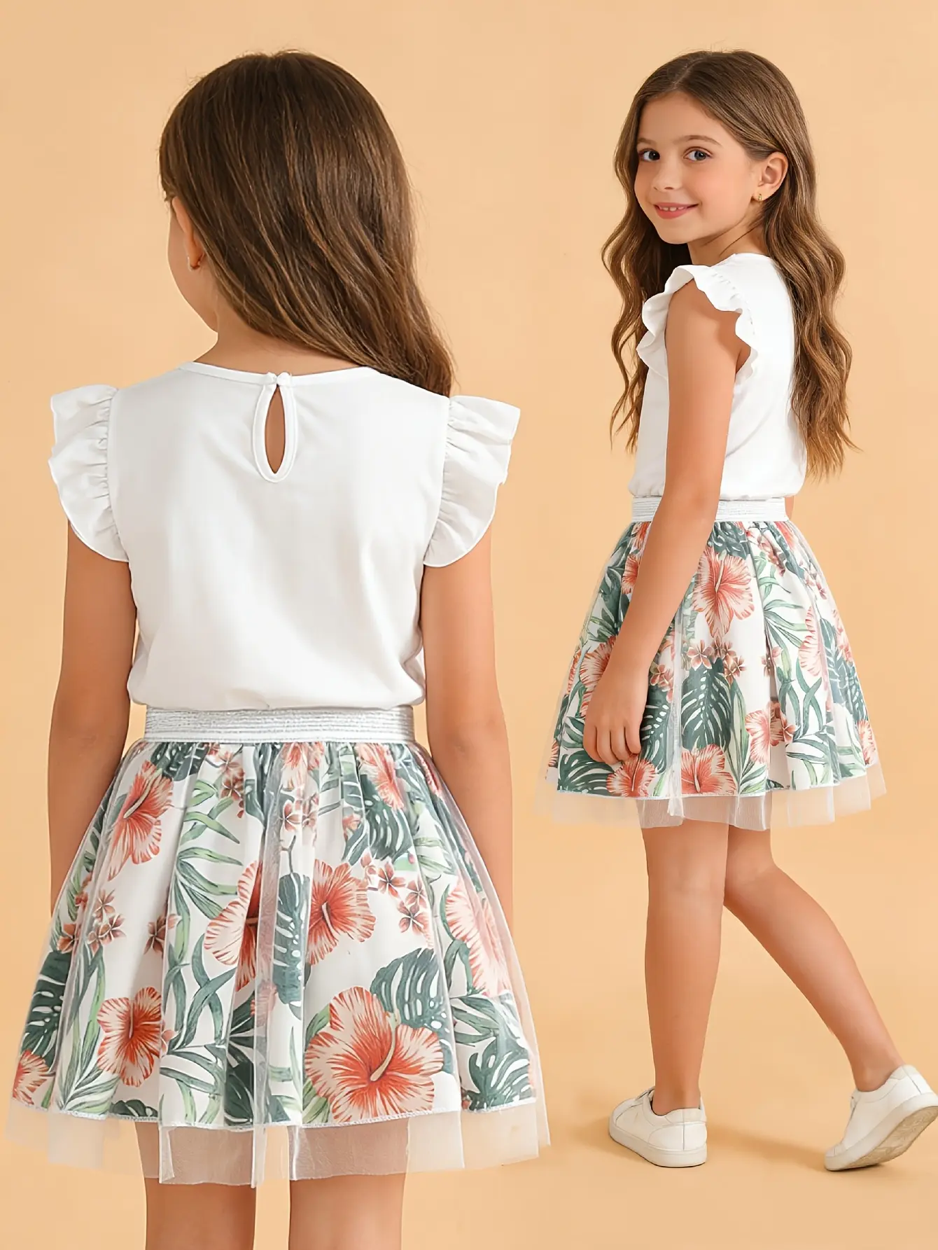 Detail 5 of Girls Floral Print Tulle Skirt by LUNORIANA