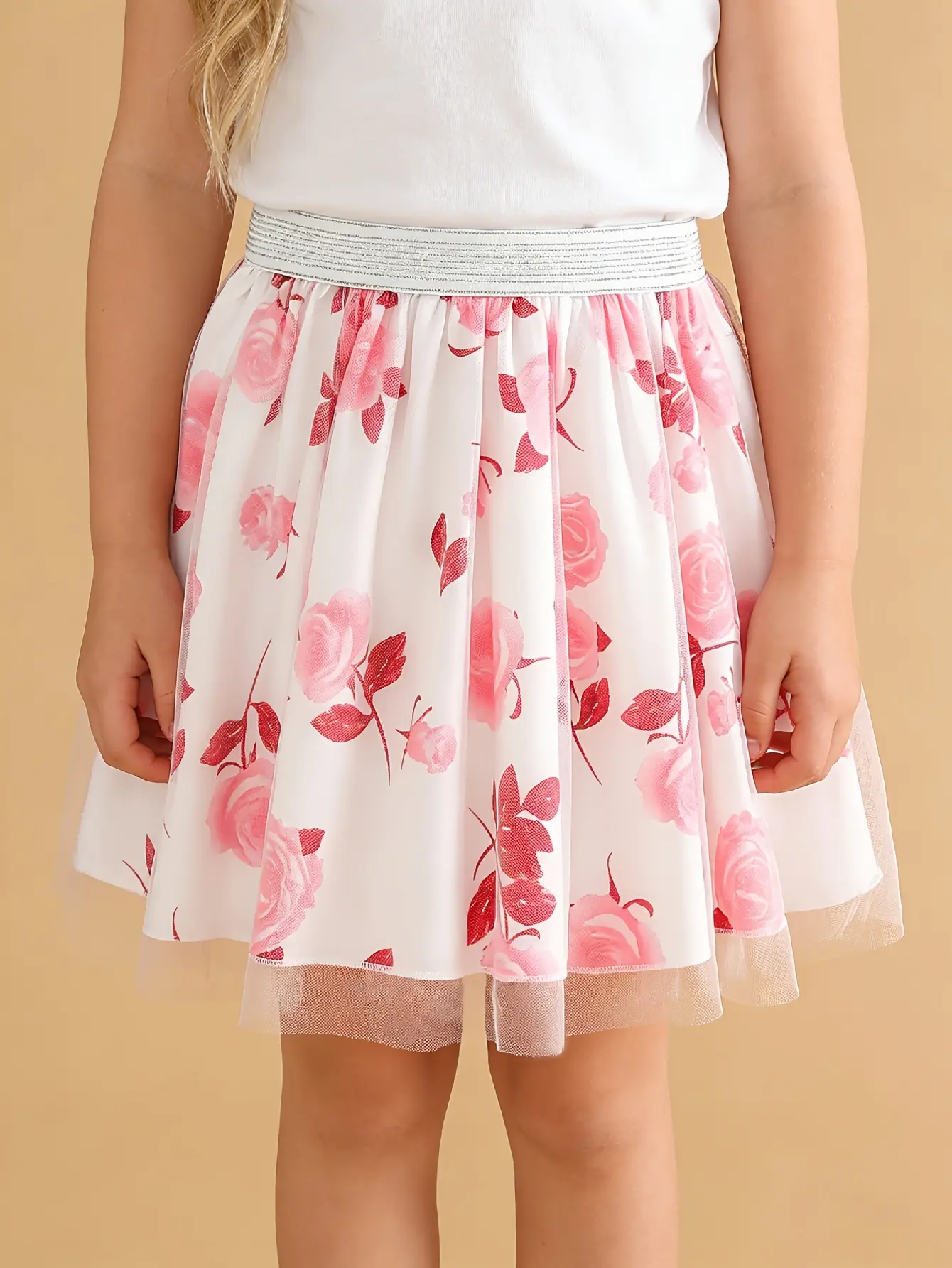 Girls Floral Print Tulle Skirt in pink by LUNORIANA