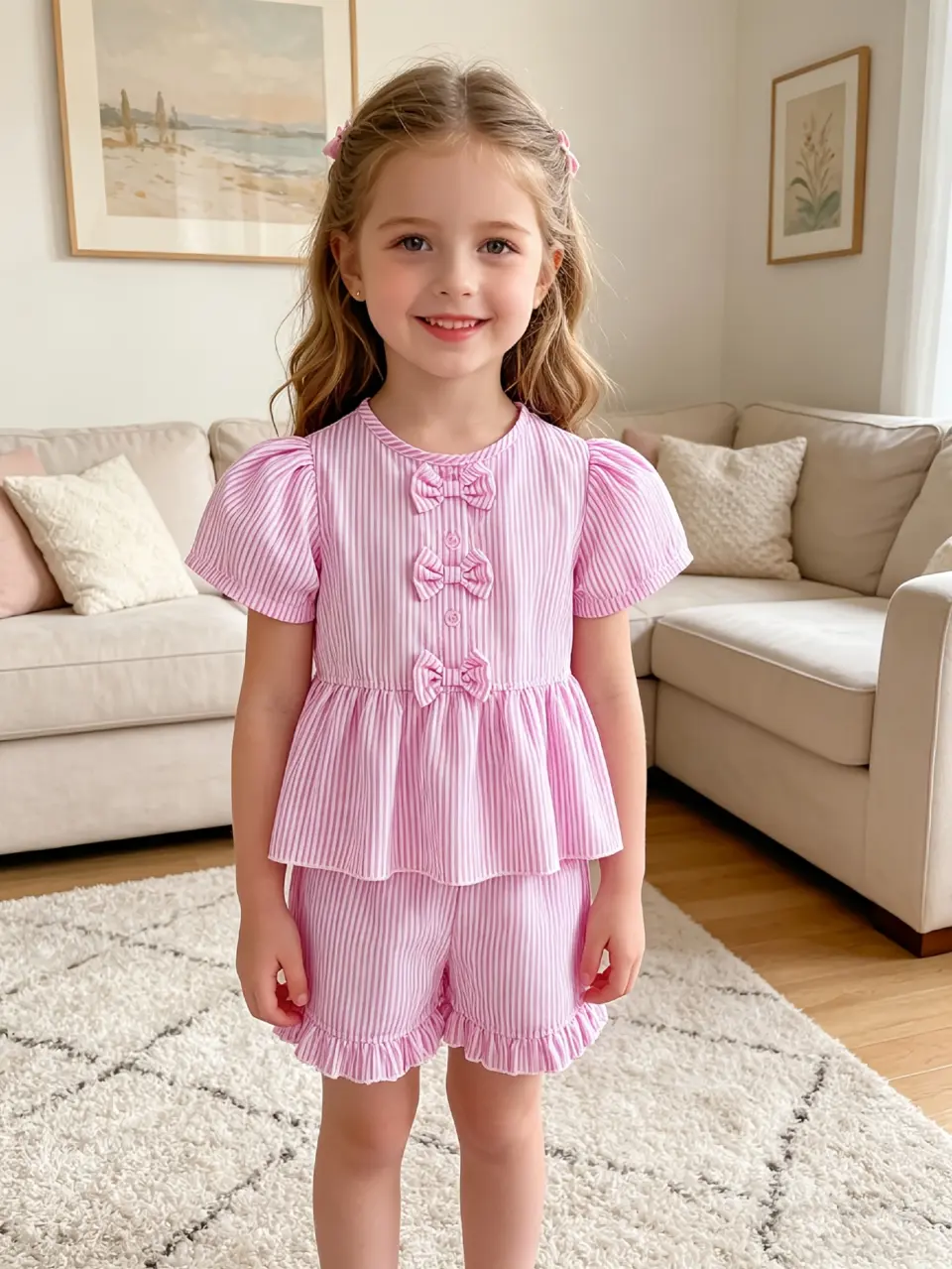 Girls Striped Puff Sleeve Top and Ruffle Shorts Set by LUNORIANA