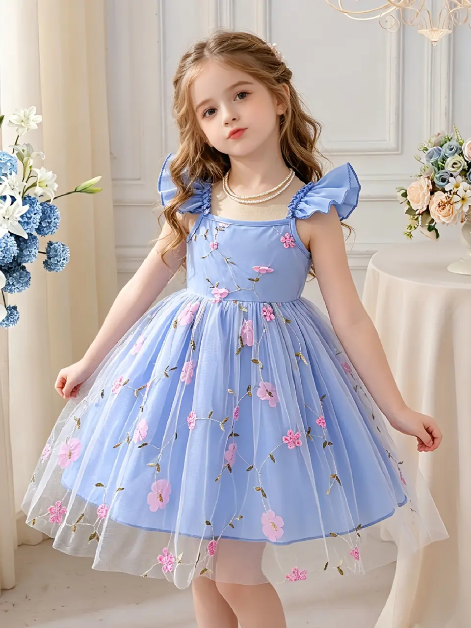Girls Ruffle Strap Embroidered Dress by LUNORIANA