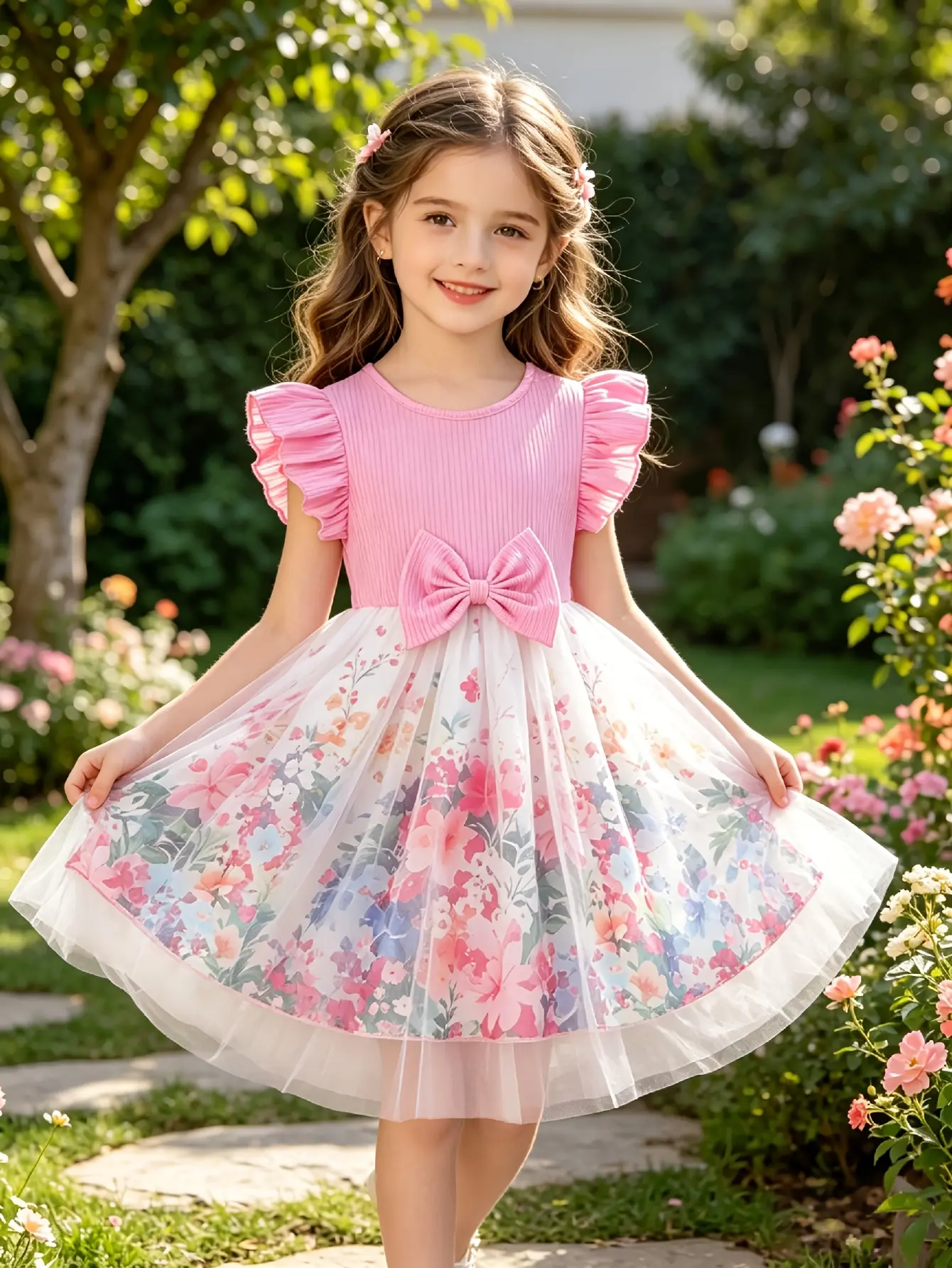 Detail 2 of Girls Pink Floral Ribbed Tulle Dress - SPUID 6511144665 by LUNORIANA