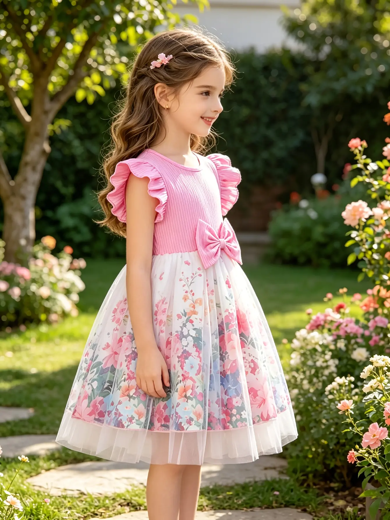 Detail 1 of Girls Pink Floral Ribbed Tulle Dress - SPUID 6511144665 by LUNORIANA