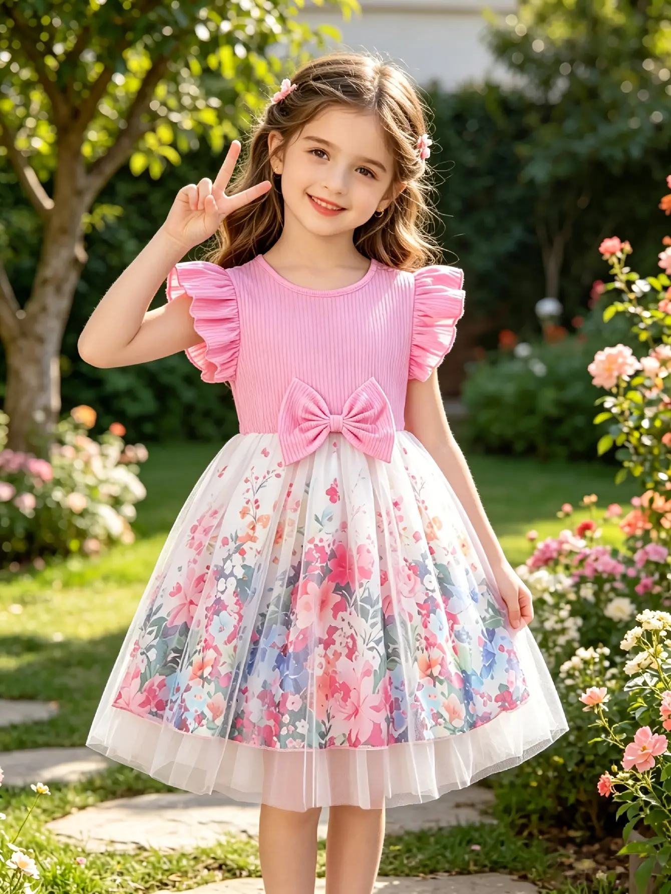Detail 3 of Girls Pink Floral Ribbed Tulle Dress - SPUID 6511144665 by LUNORIANA