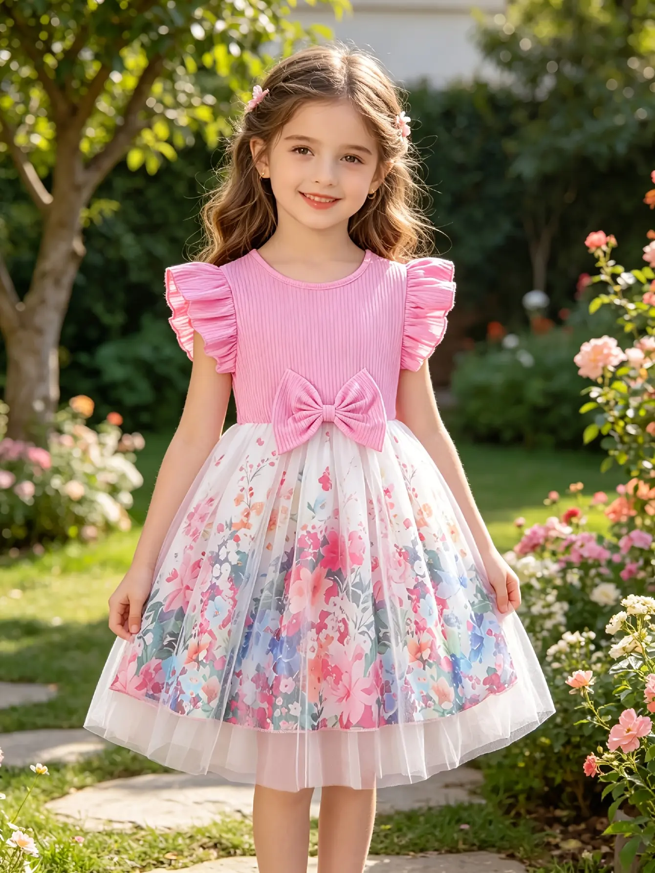 Girls Pink Floral Ribbed Tulle Dress by LUNORIANA