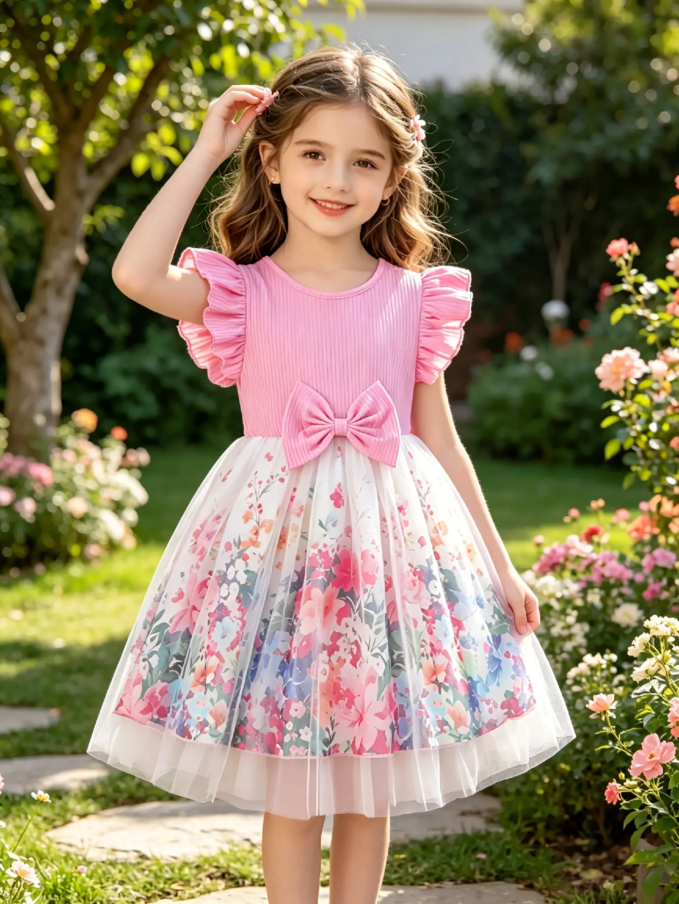 Detail 4 of Girls Pink Floral Ribbed Tulle Dress - SPUID 6511144665 by LUNORIANA