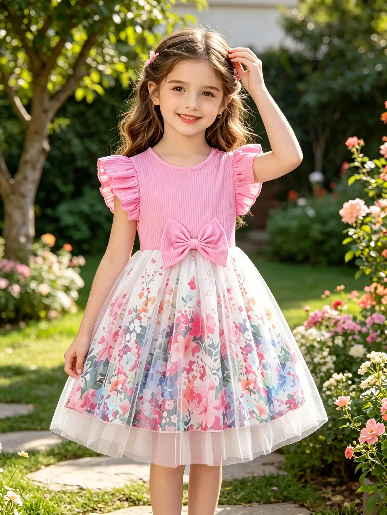 Detail 5 of Girls Pink Floral Ribbed Tulle Dress - SPUID 6511144665 by LUNORIANA