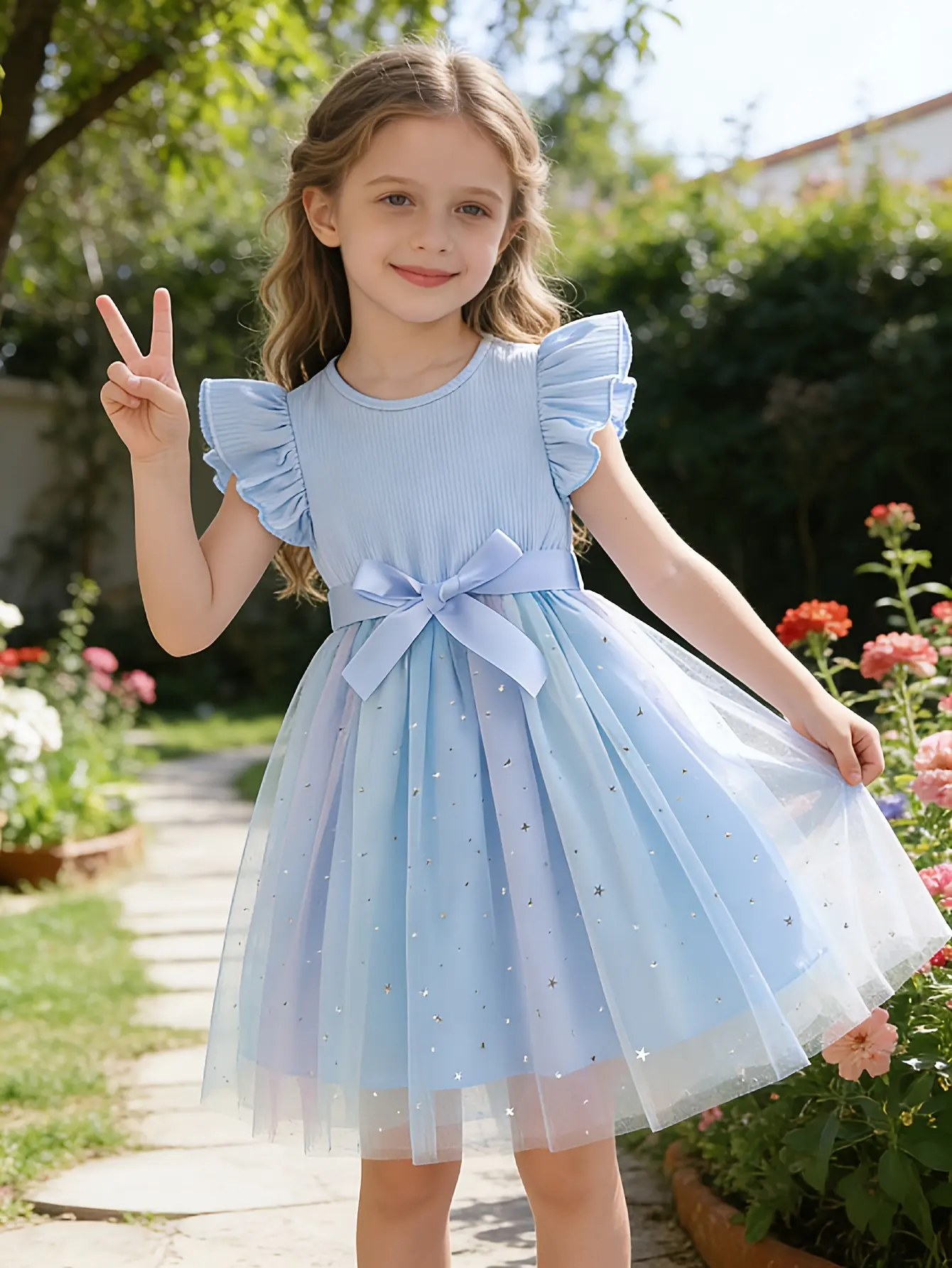 Detail 6 of Girls Star Moon Gradient Tulle Dress by LUNORIANA